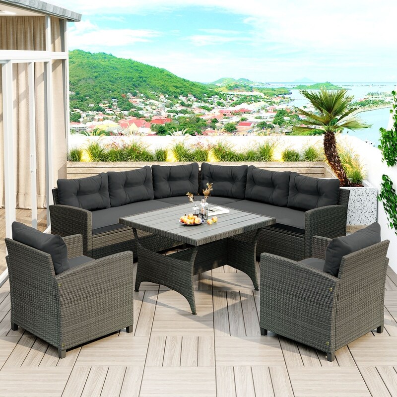 6-piece Outdoor Wicker Sofa Set  Cushioned Sectional Sofa