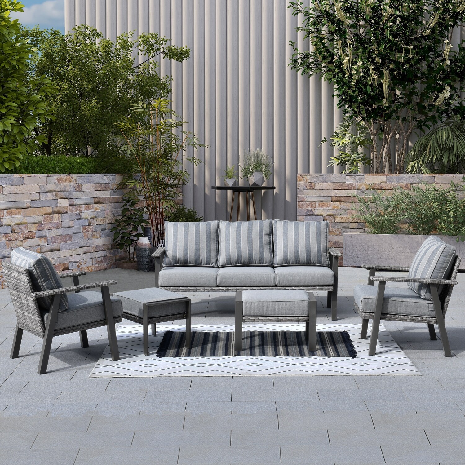 Ovios 5-piece Outdoor Wicker Stripes Pattern Cushion Sectional Set