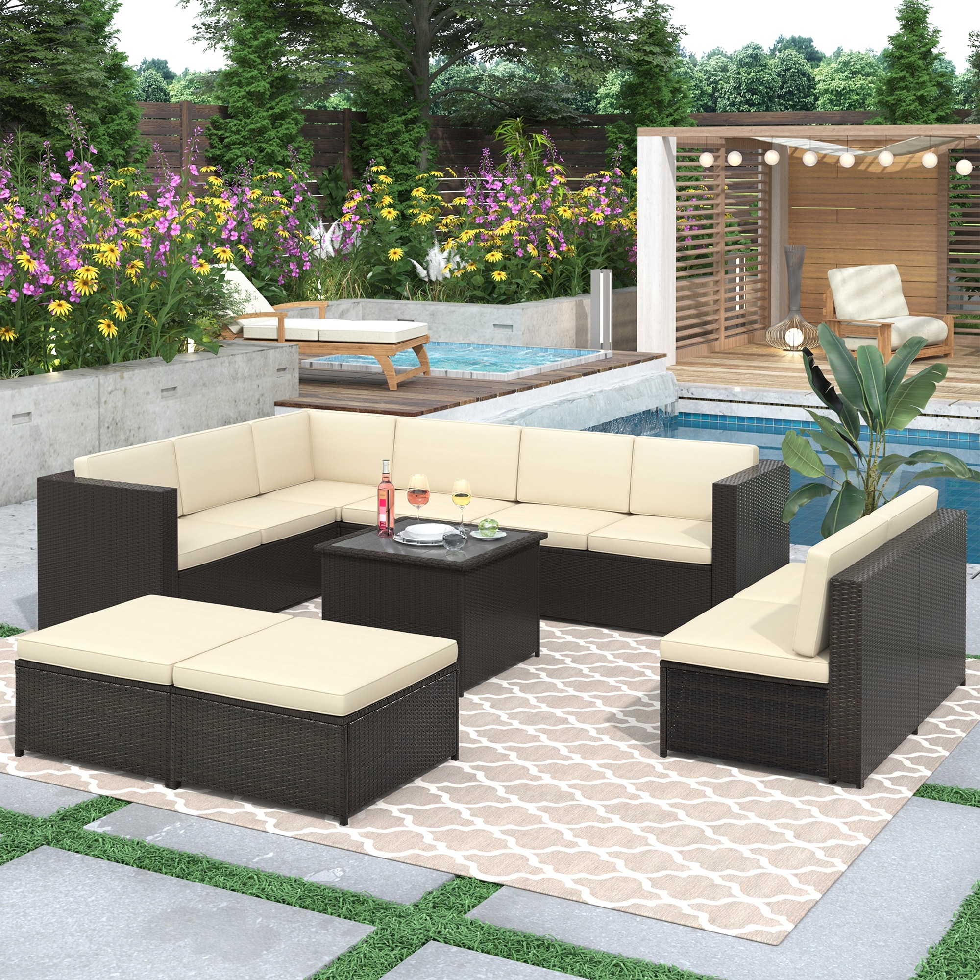 Luxurious 9-piece Rattan Sectional Sofa Set With Plush Cushions and Table