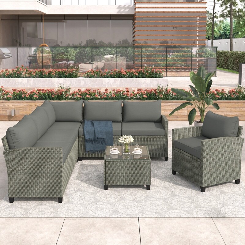 5 Piece Outdoor Sectionals Sofa Patio Furniture Pe Rattan Conversation Sofa Set With Coffee Table  Cushions And Single Chair
