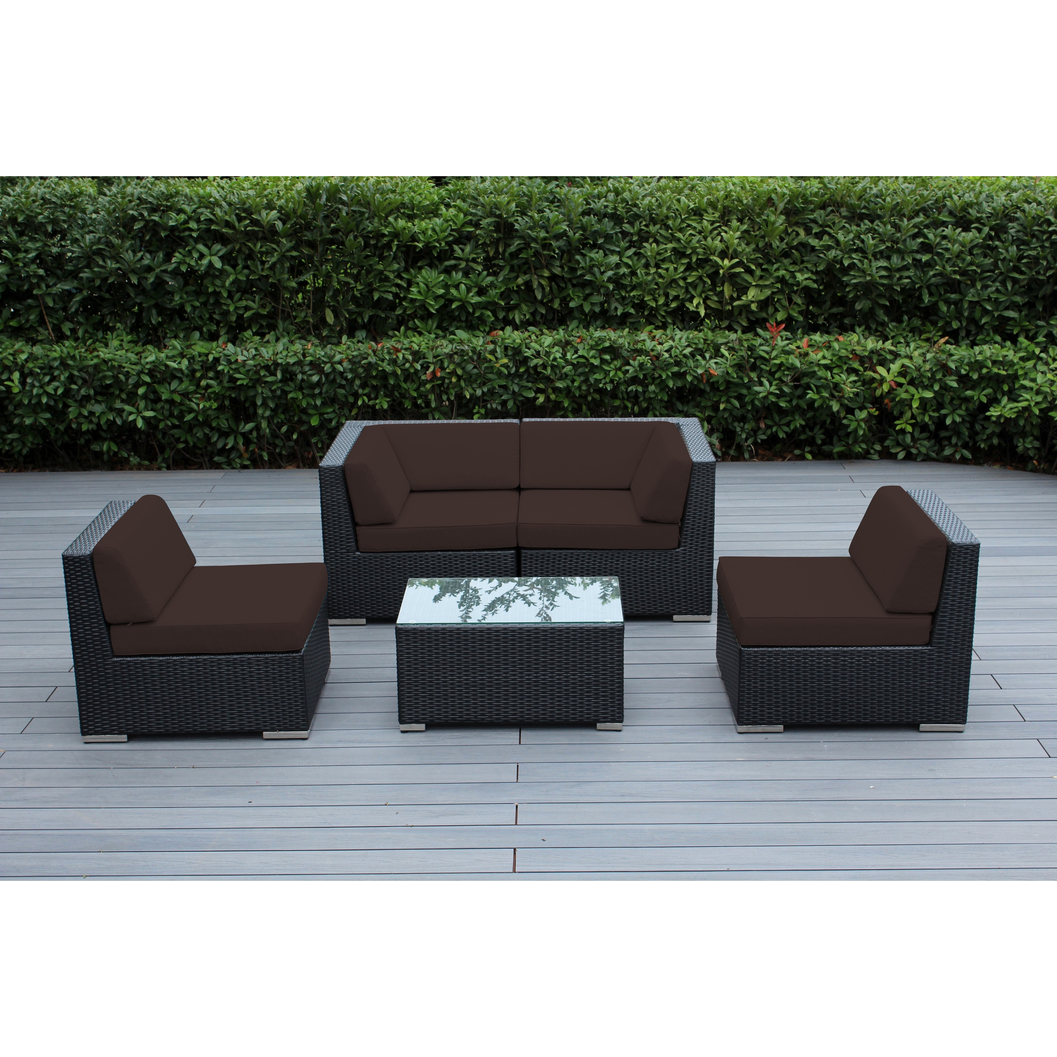 Ohana Outdoor Patio 5 Piece Black Wicker Sectional With Cushions - No Assembly