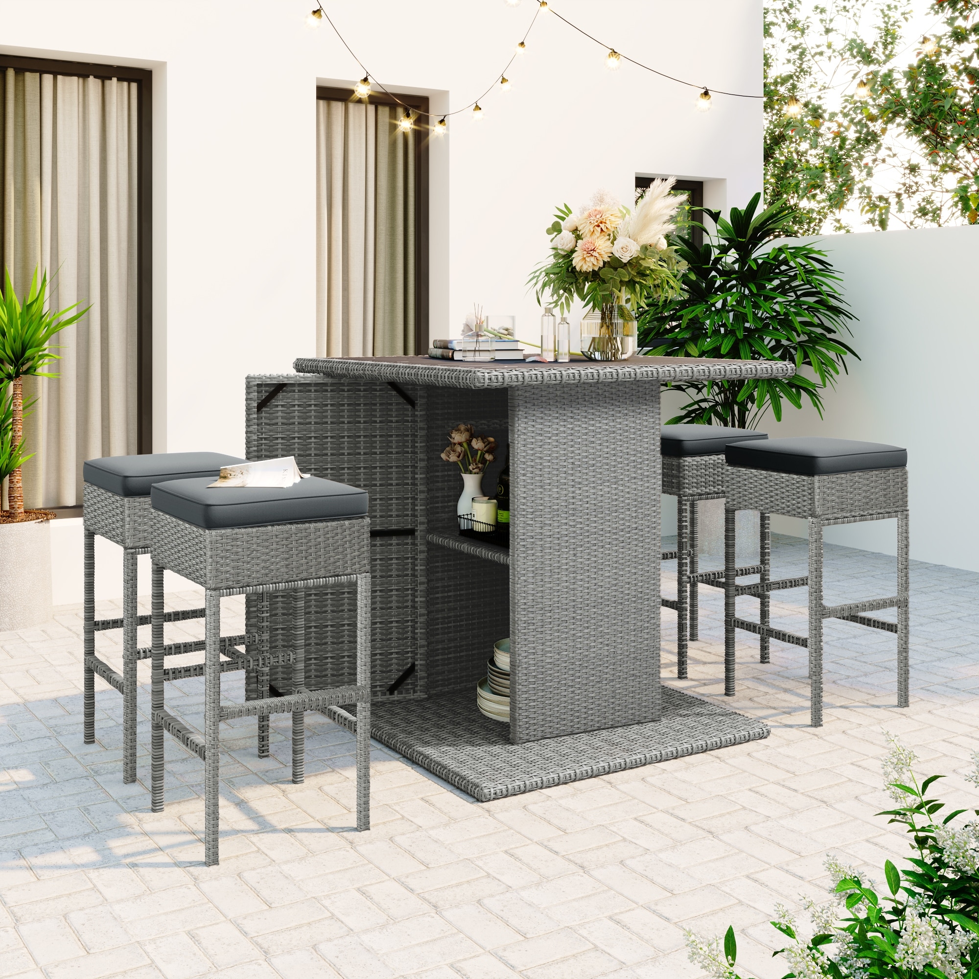 5-piece Rattan Dining Table Set  Pe Wicker Square Kitchen Table Set With Storage Shelf And 4 Padded Stools