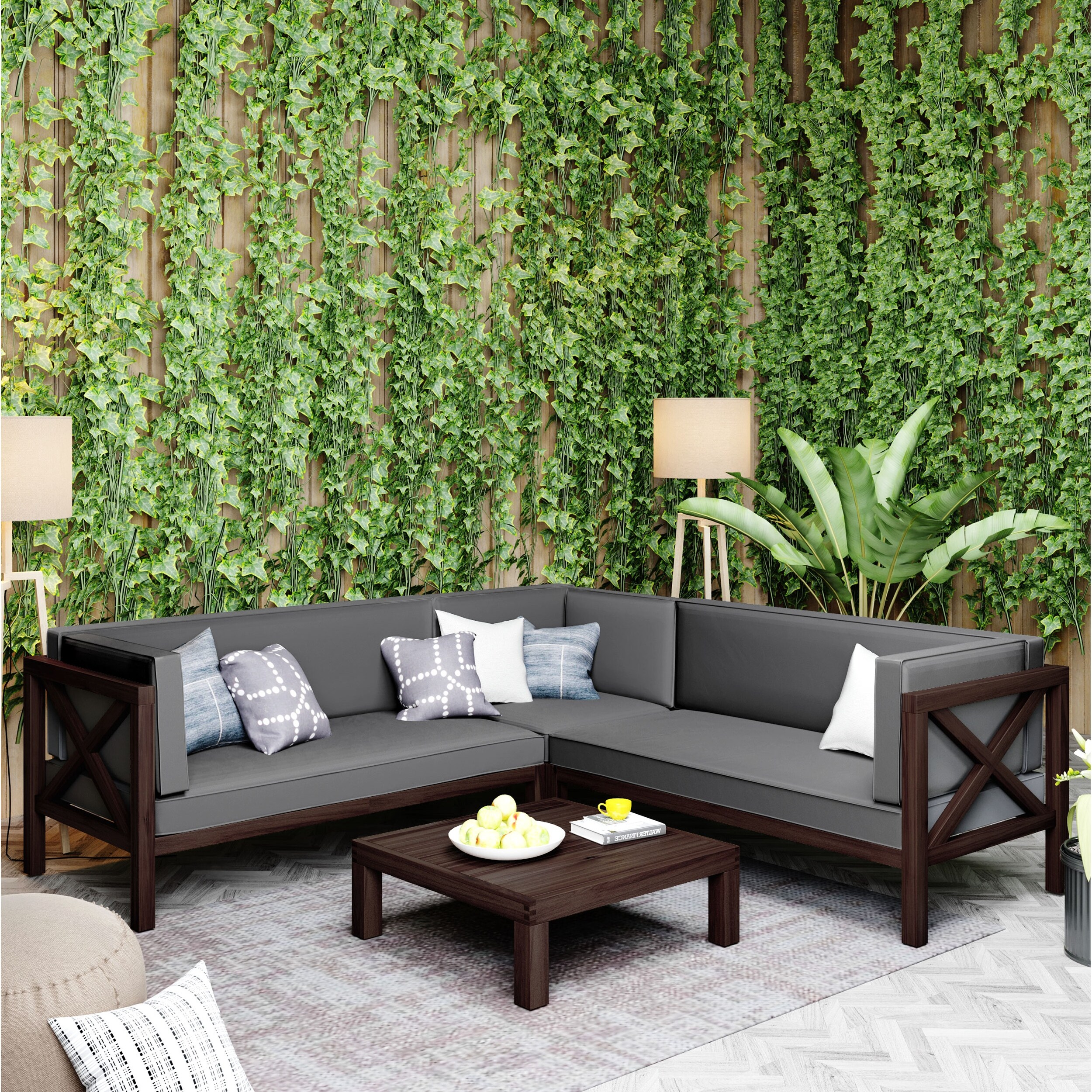 4 Pieces Outdoor Corner Design Patio Sectional Sofa Set  Featuring Wooden X-back Frames And Cushions  With Solid Wood Table