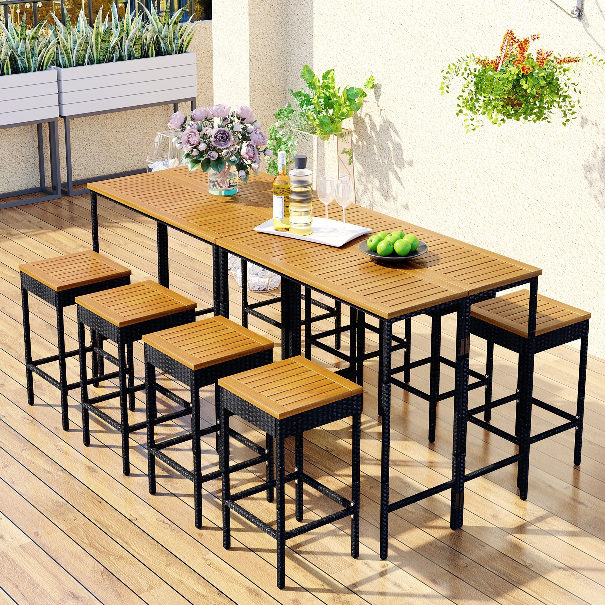 10-piece Patio Wicker High-dining Bistro Set Pe Rattan Dining Table  Foldable Acacia Tabletop With 8 Stools and 2 Square Table