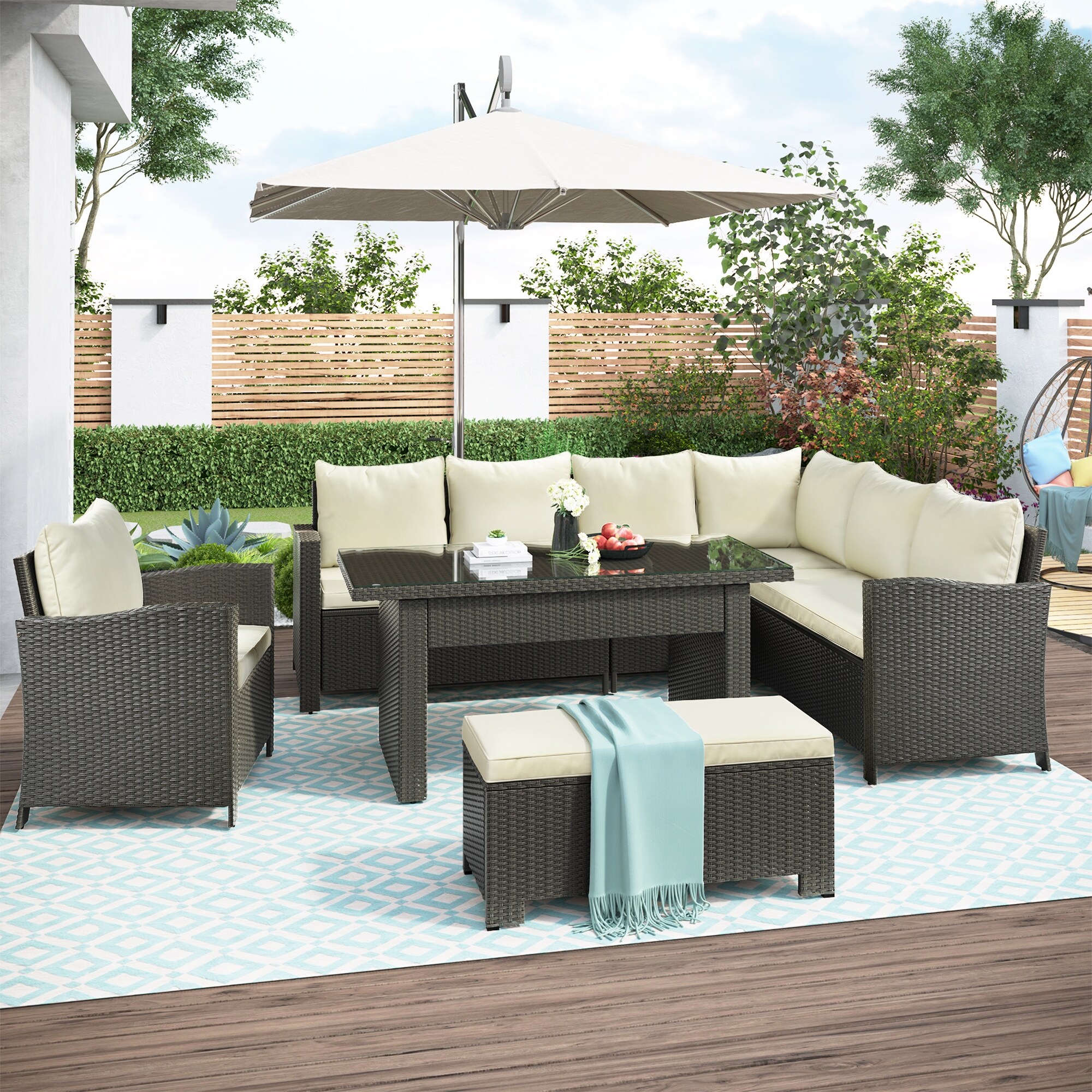 6 Piece Sectional Sofa Set Outdoor Conversation Set Dining Table Chair With Bench And Cushions For Swimming Pool