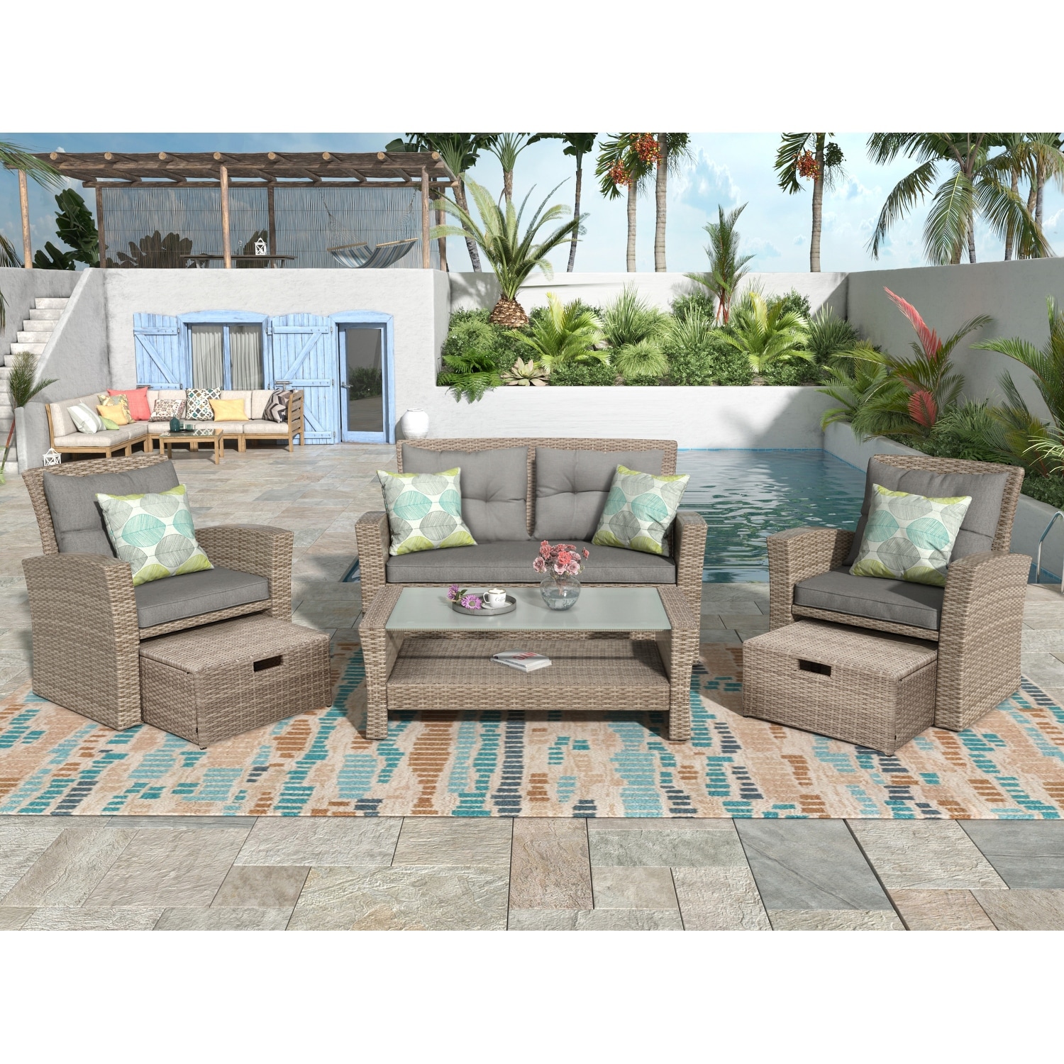 Ottoman-inclusive 4-piece Rattan Sectional Sofa Set For 4-6  Outdoor Garden Sectional Furniture With Tempered Glass Table