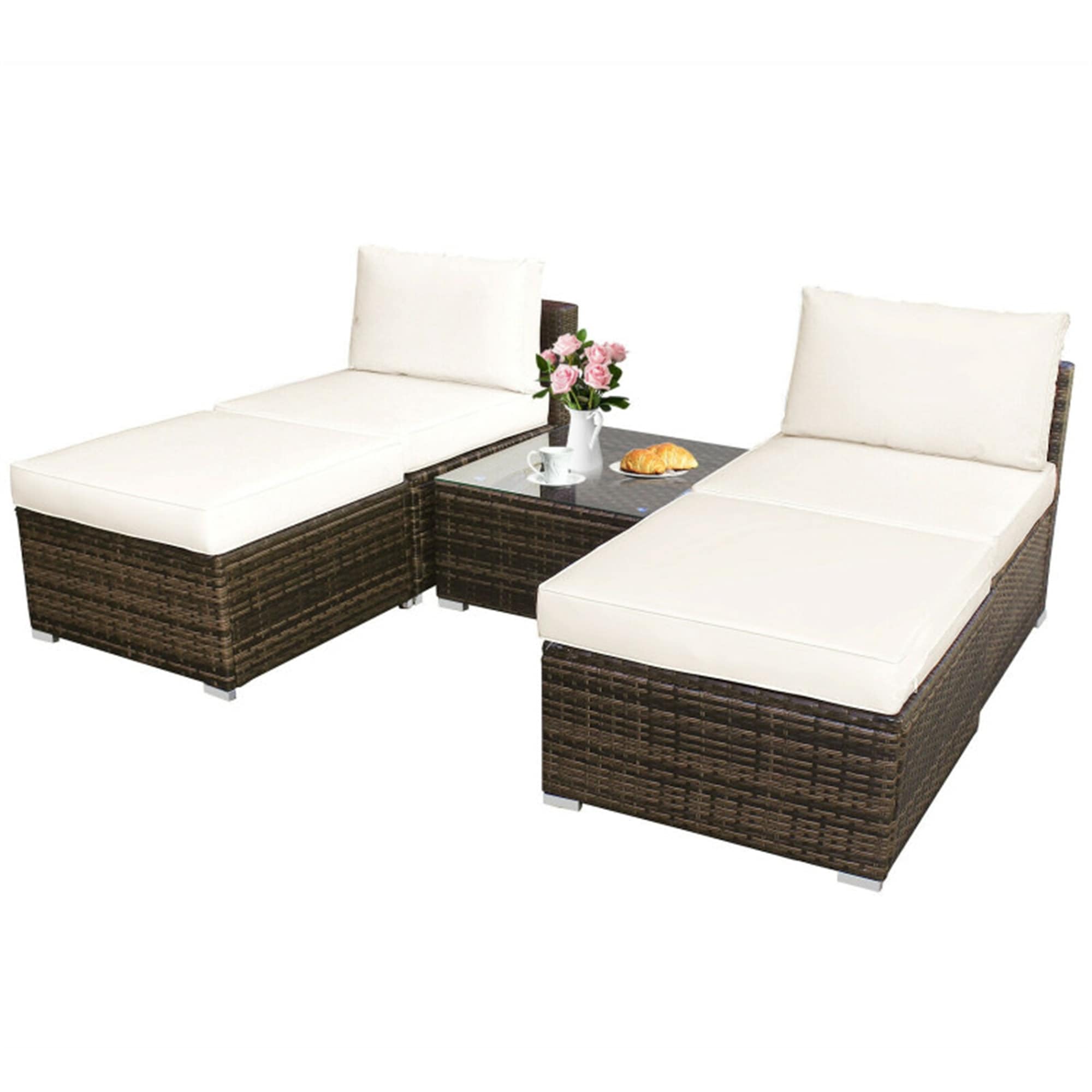 5-piece Patio Rattan Wicker Furniture Set With White Cushions