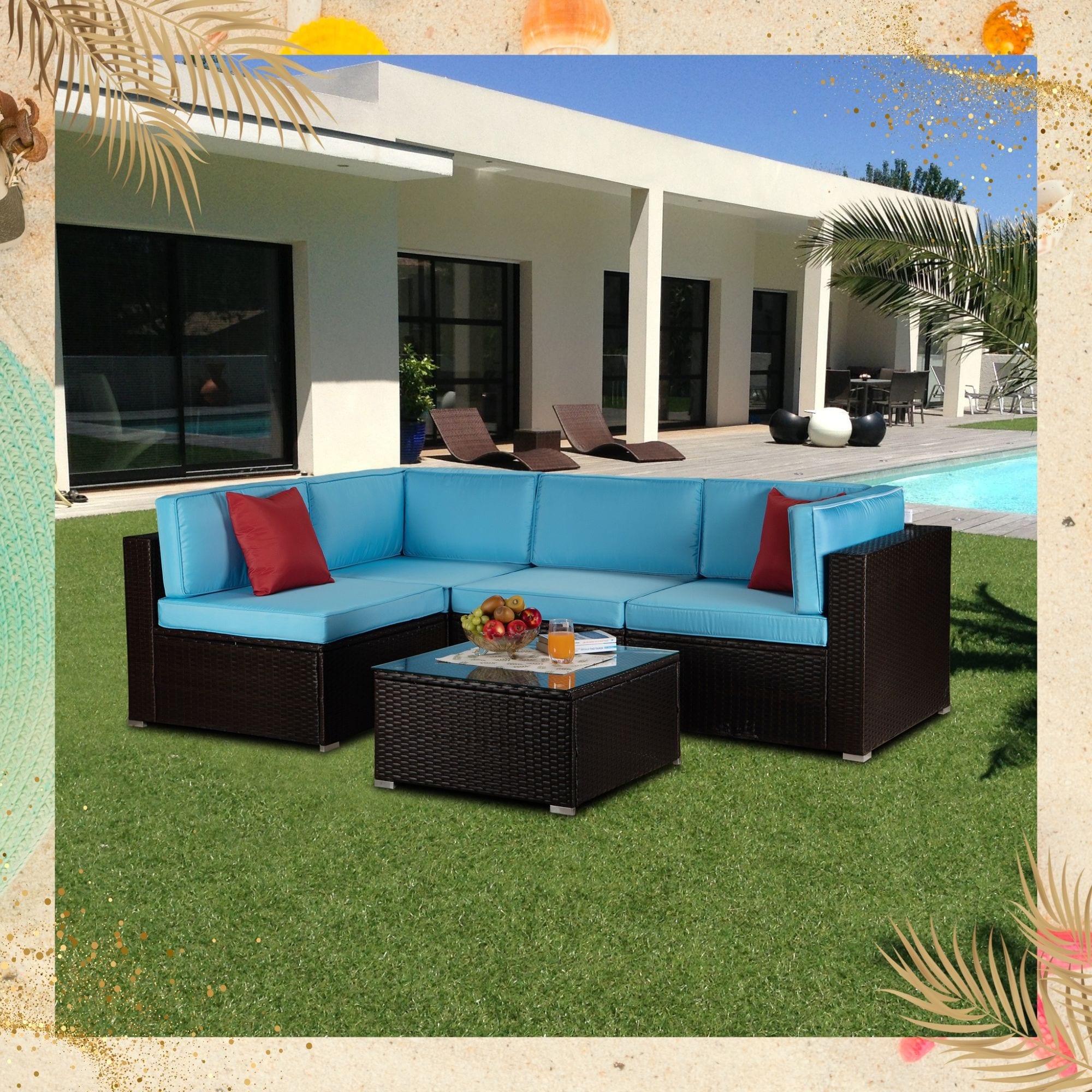 5-piece Rattan Wicker Sectional Sofa Set With Glass Table
