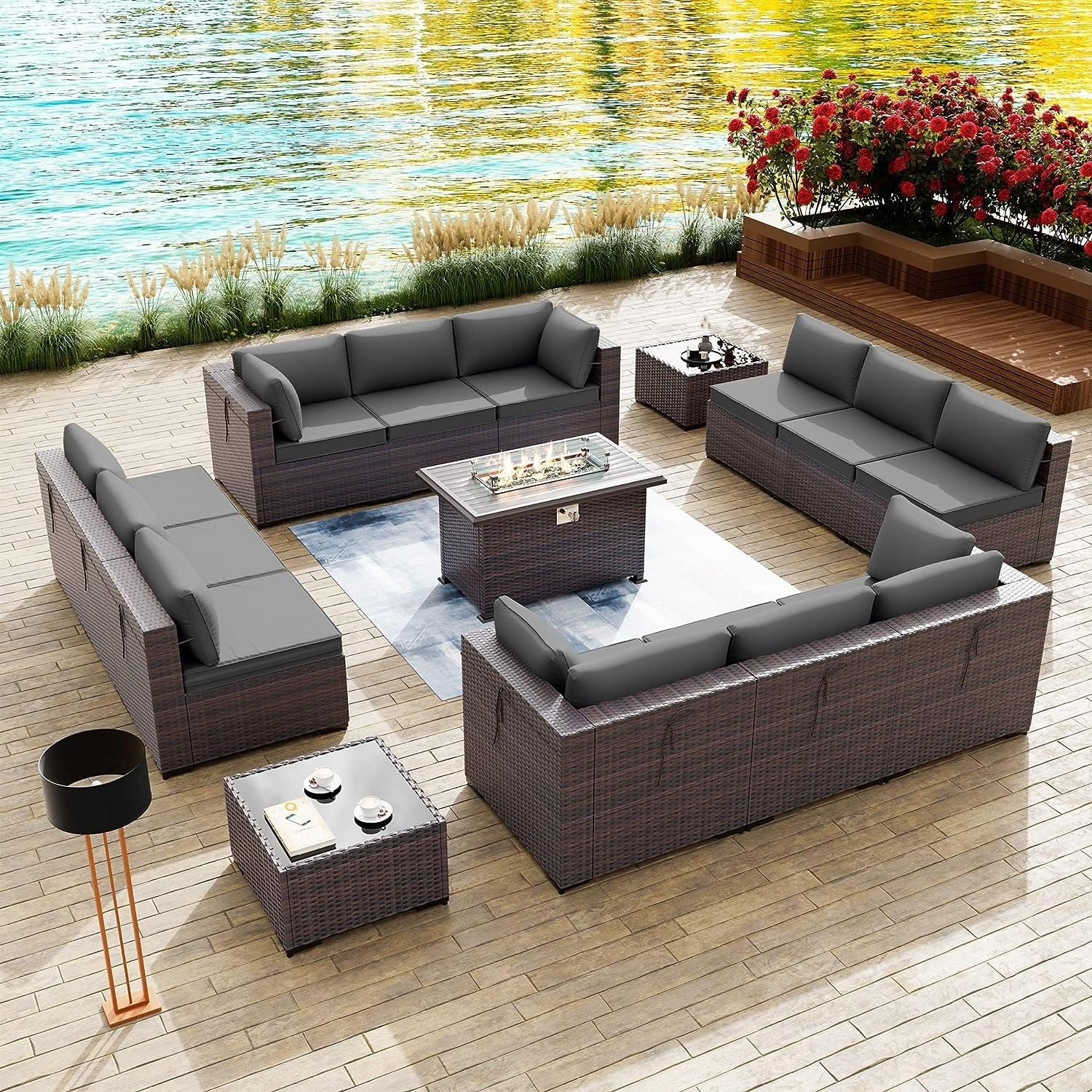 Kullavik 15 Pieces Outdoor Patio Furniture Set With 43 55000btu Gas Propane Fire Pit Table