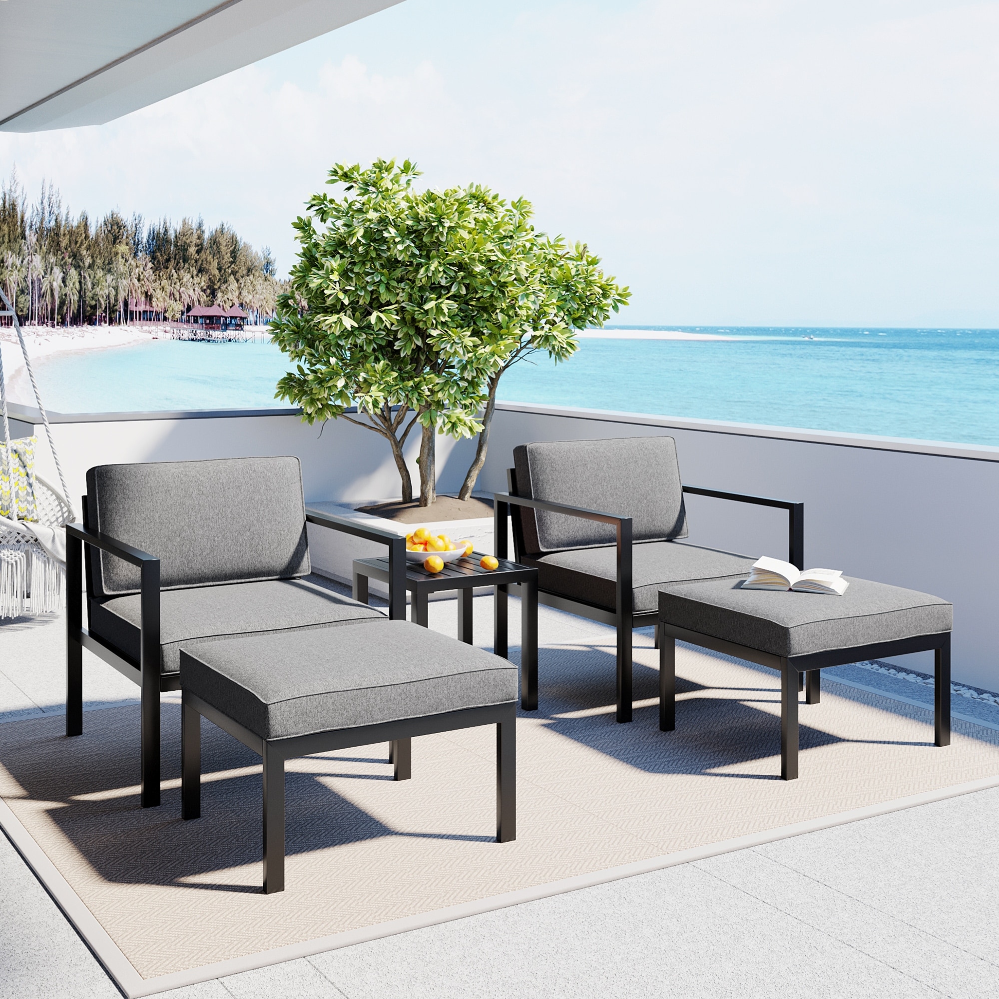 Stylish Aluminum Alloy Outdoor Conversation Sectional Sofa Set With Coffee Table  Black Frame  Gray Cushions