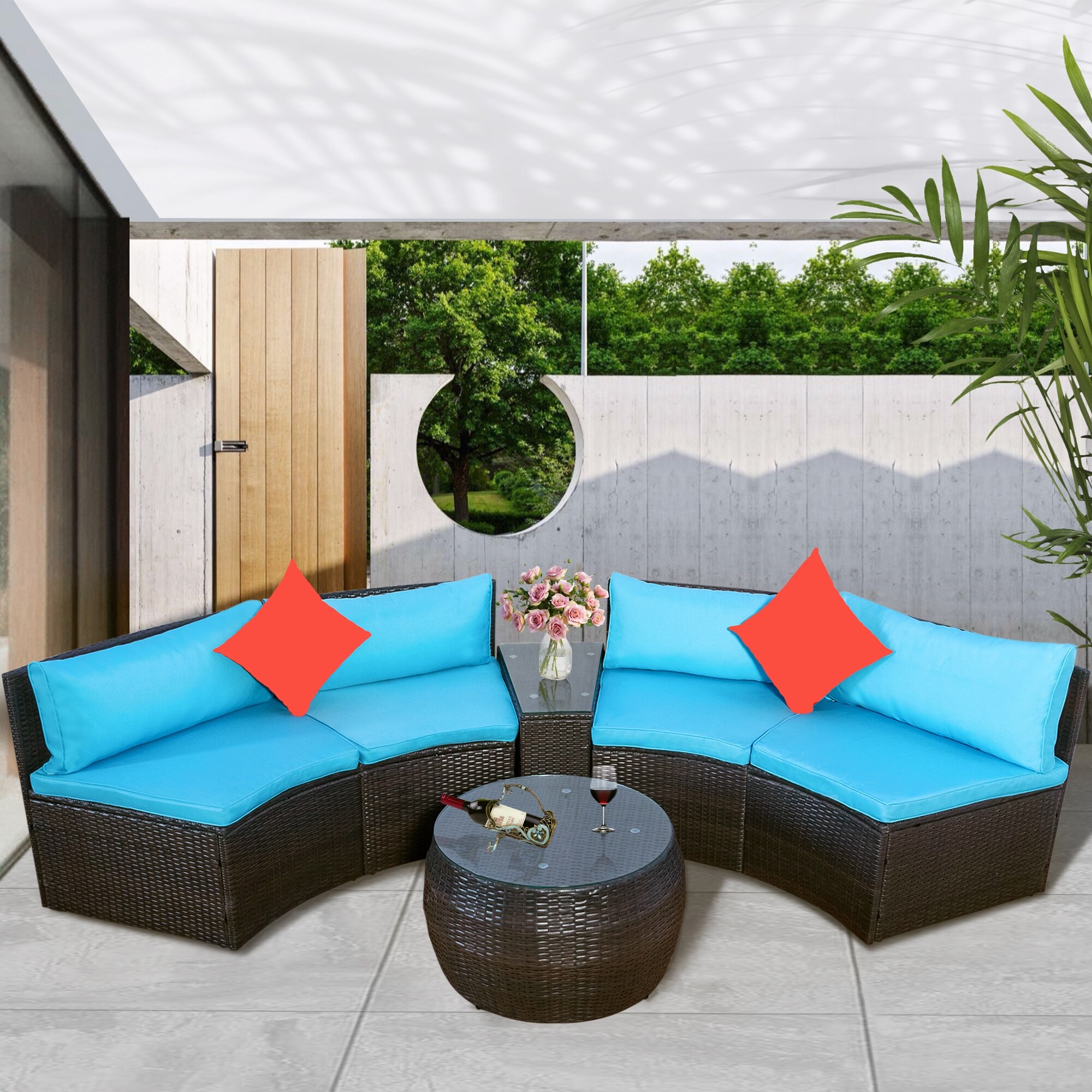 4-piece Patio Furniture Sets Outdoor Half-moon Sectional Furniture Wicker 2 People Sofa Set With Two Pillows And Coffee Table