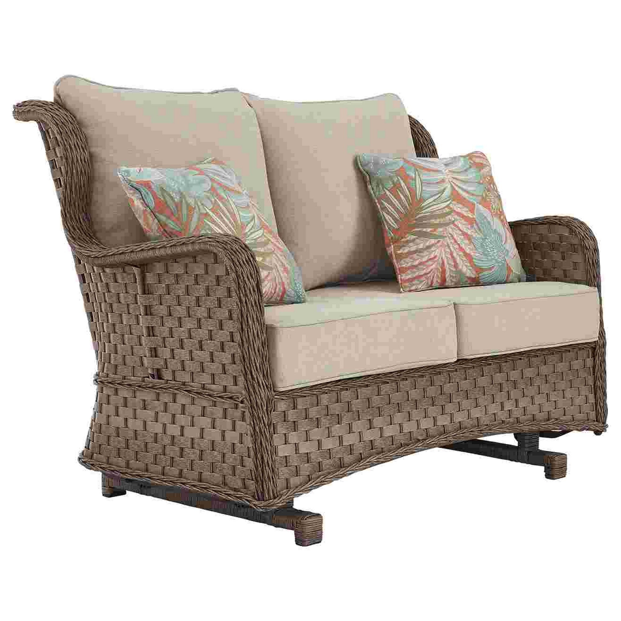Outdoor Loveseat With Woven Wicker And Glider Base  Brown