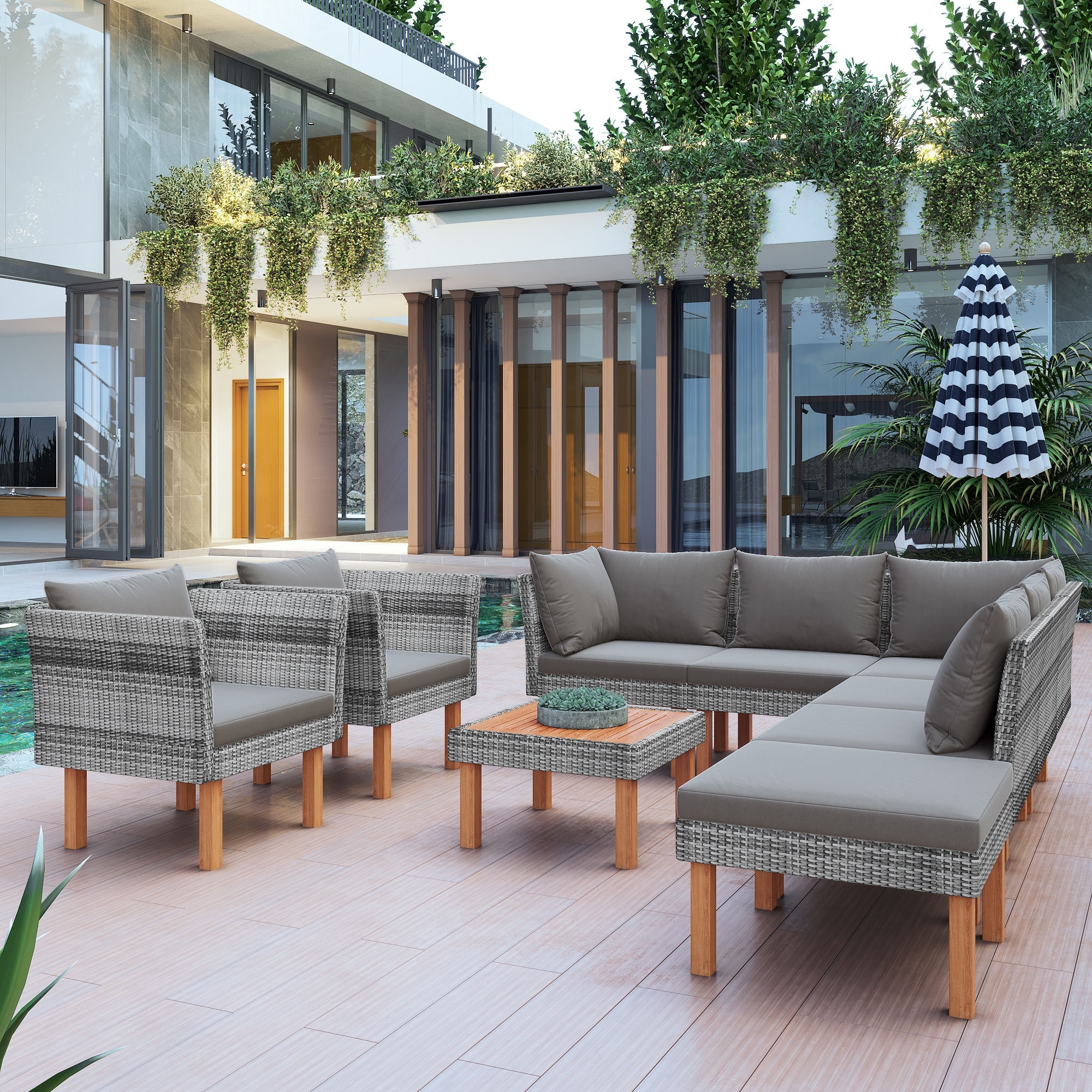 9-piece Outdoor Patio Garden Cushioned Wicker Sofa Set  Gray Pe Rattan