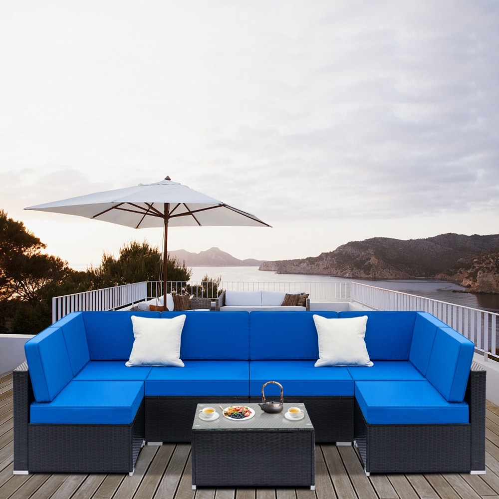 7-piece Outdoor Rattan Wicker Sectional Sofa Furniture Set With Cushion