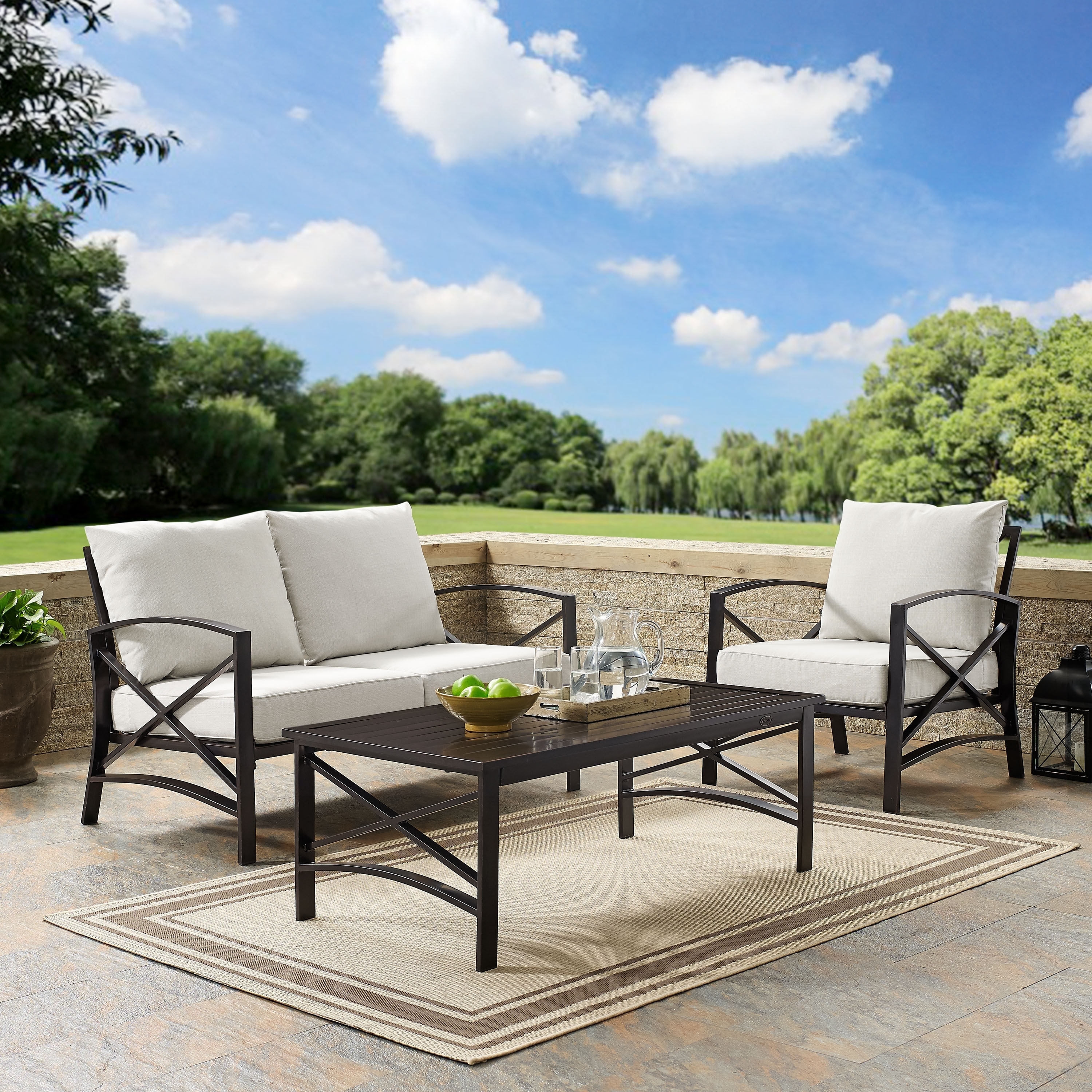 Kaplan 3 Pc Outdoor Seating Set With Oatmeal Cushion - Loveseat  Chair   Coffee Table - 95.5w X 66.5d X 36h