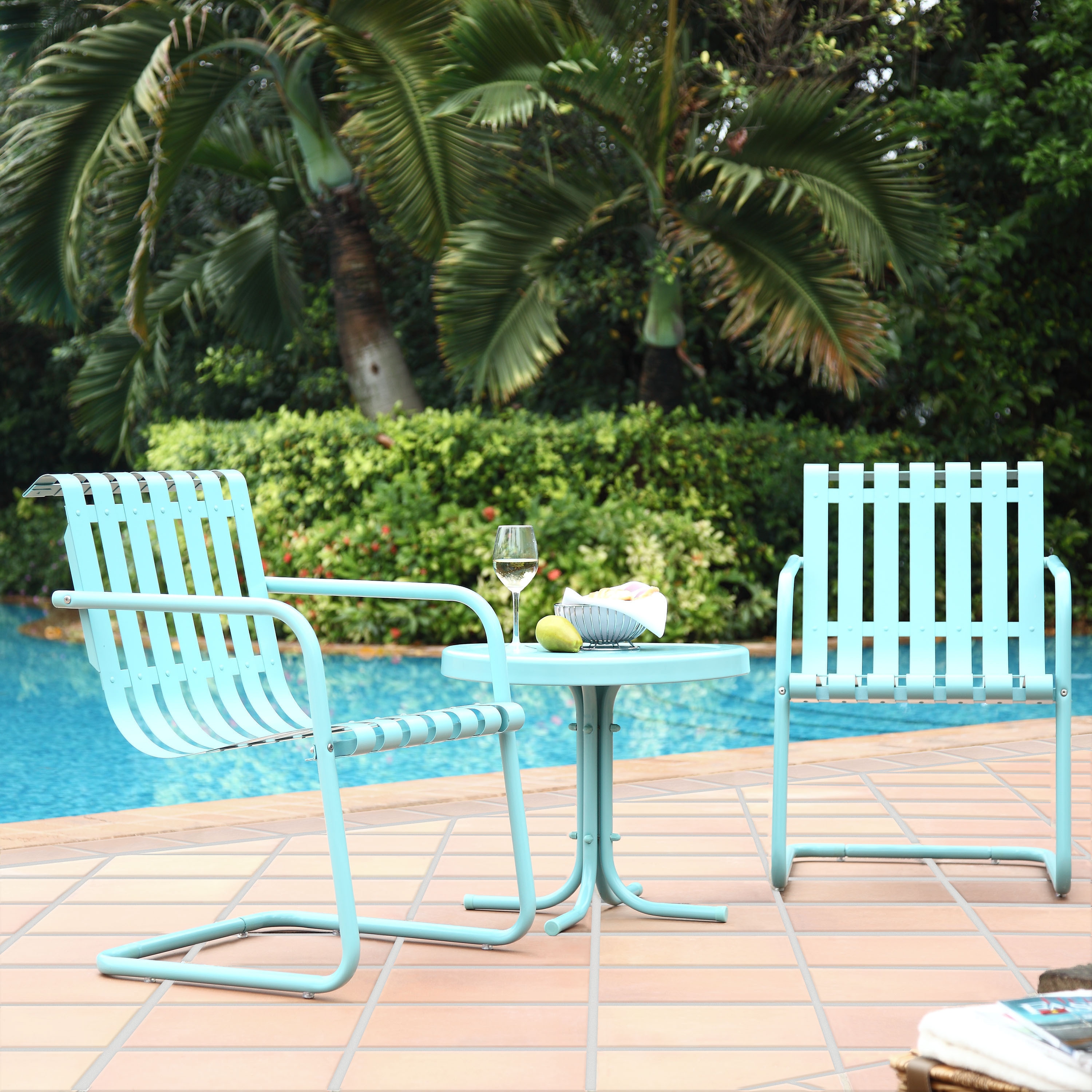 Gracie Metal Outdoor Conversation 3-piece Seating Set With 2 Chairs And Side Table In Caribbean Blue