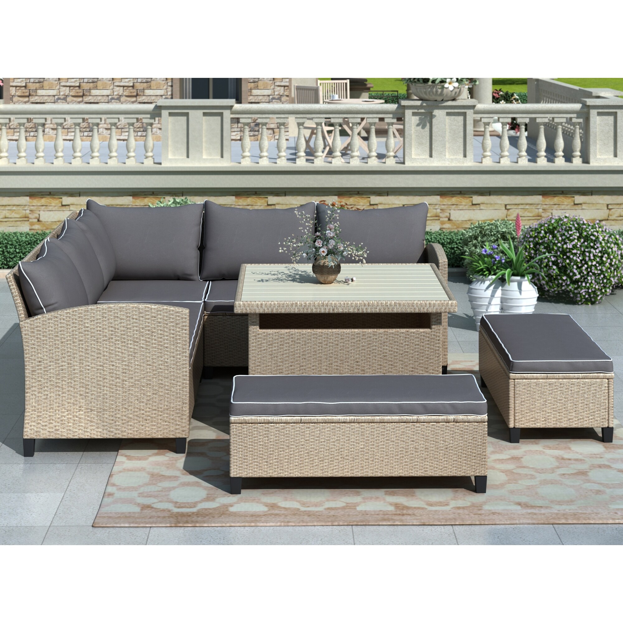 6-piece Patio Furniture Set Outdoor Wicker Rattan Sectional Sofa With Table And Benches