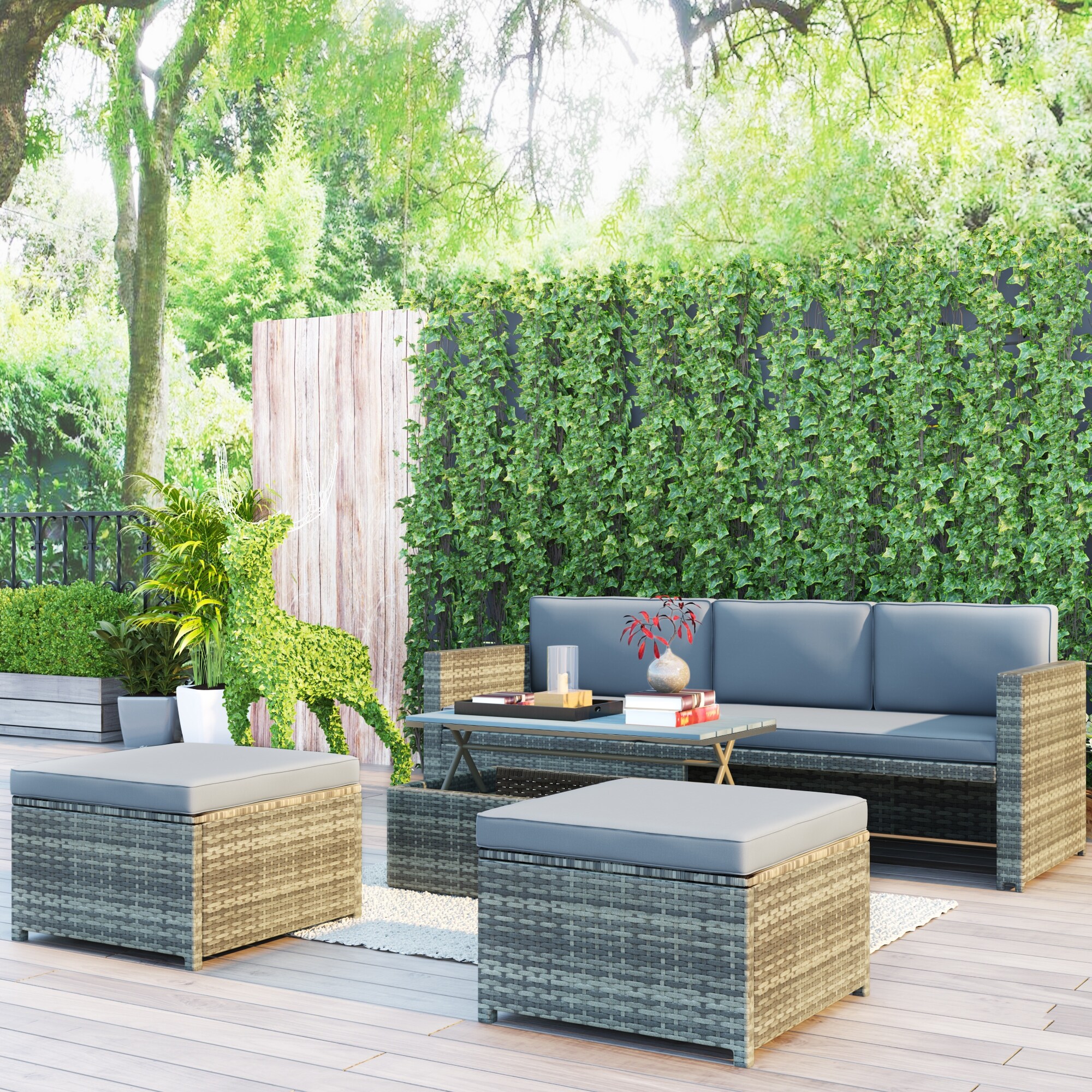 4-piece Outdoor Uv-resistant Patio Sofa Set  Pe Wicker Sectional Sofa With Retractable Table