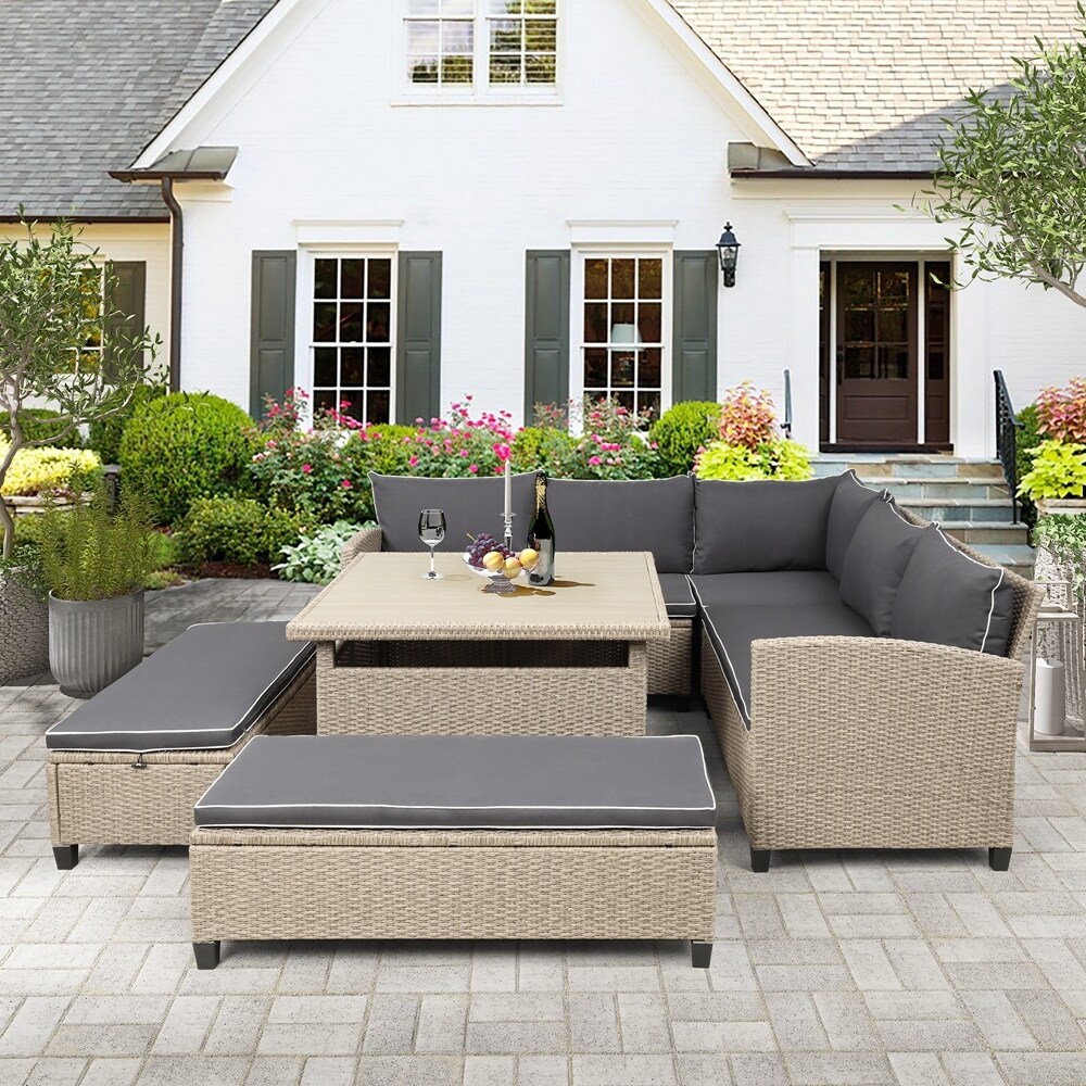 6-piece Patio Furniture Set Outdoor Wicker Rattan Sectional Sofa With Table And Benches For Backyard  Garden  Poolside