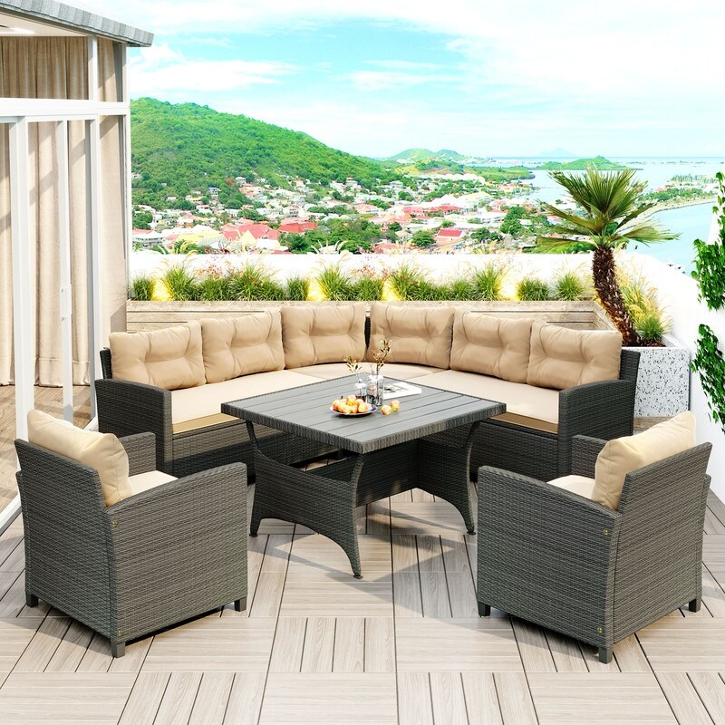6-piece Outdoor Wicker Sofa Set  Cushioned Sectional Sofa