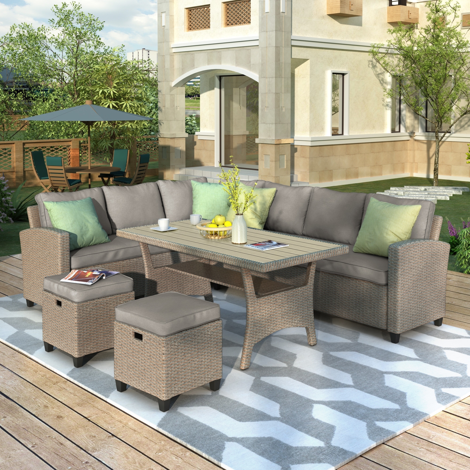 Patio Furniture Sectional Sofa Set 5 Piece Outdoor Conversation Set  Dining Table Chair Set With Ottoman And Throw Pillows