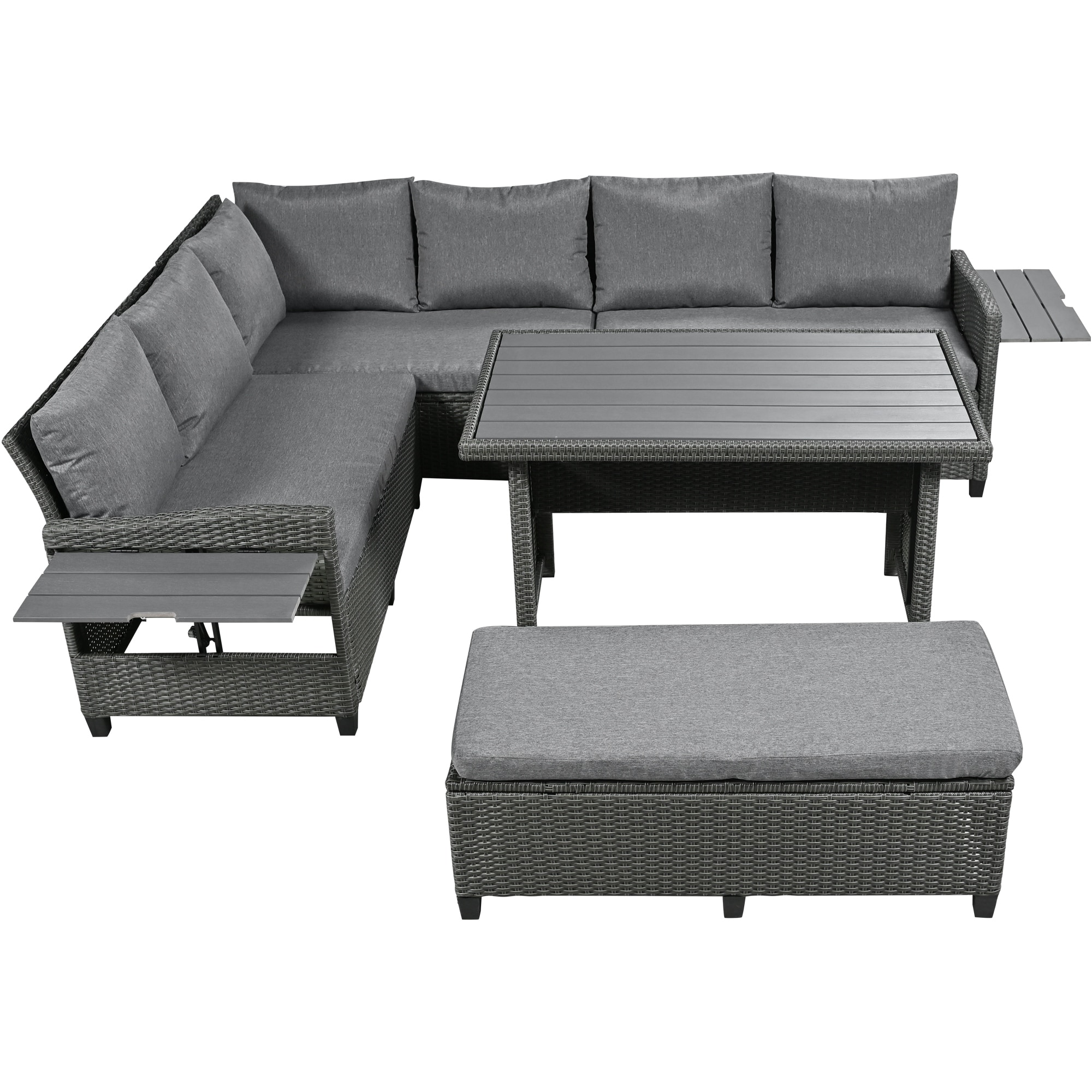 5-piece Outdoor Patio Rattan L-shaped Sectional Sofa Set With Extendable Table