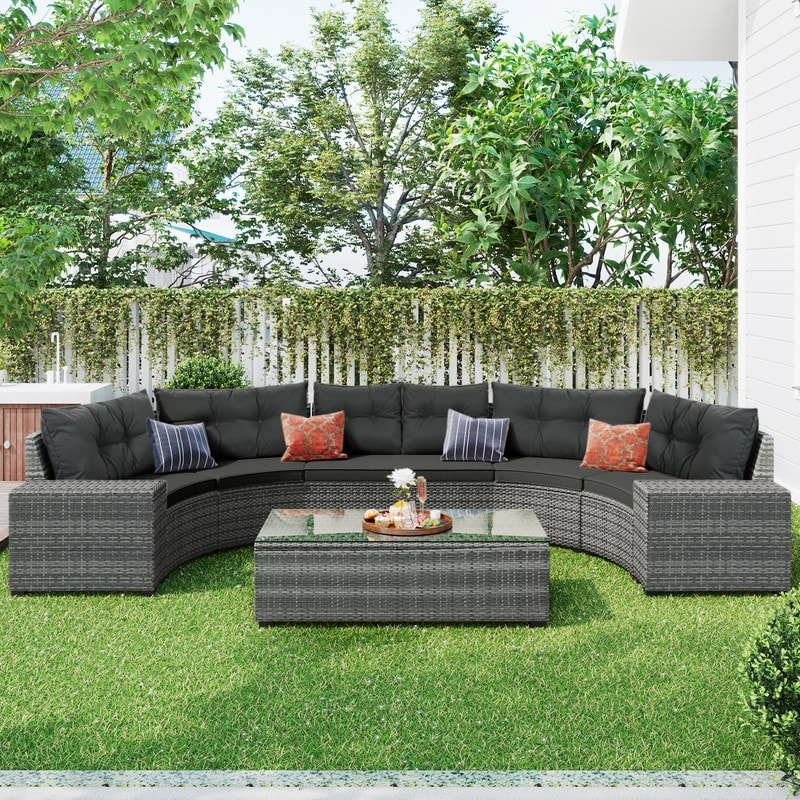 8-pieces Outdoor Wicker Round Sofa Set  Half-moon Sectionals Sofa With Pe Rattan Curved Sofa Set and Coffee Table  Movable Cushion