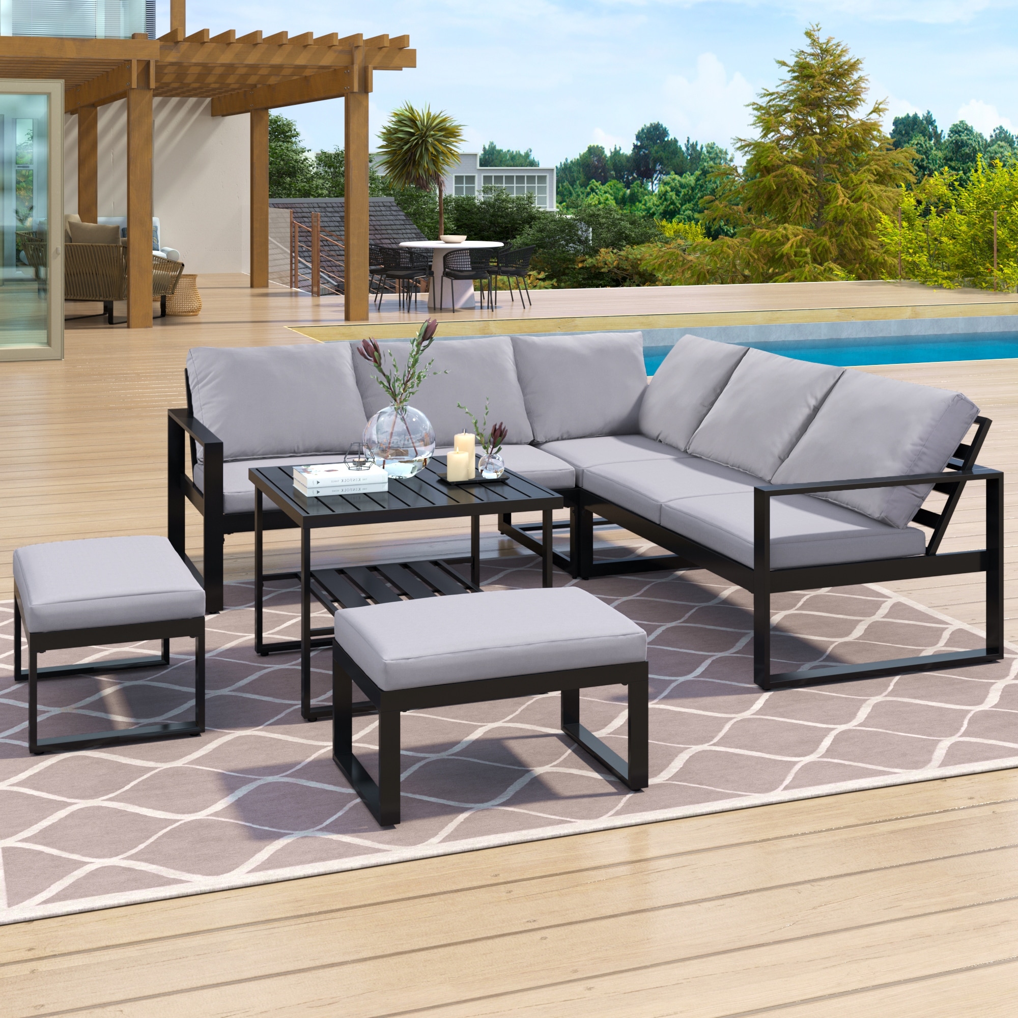 Outdoor Sofa Combination Set With 2 Love Sofa And 1 Single Sofa and 1 Table  2 Bench