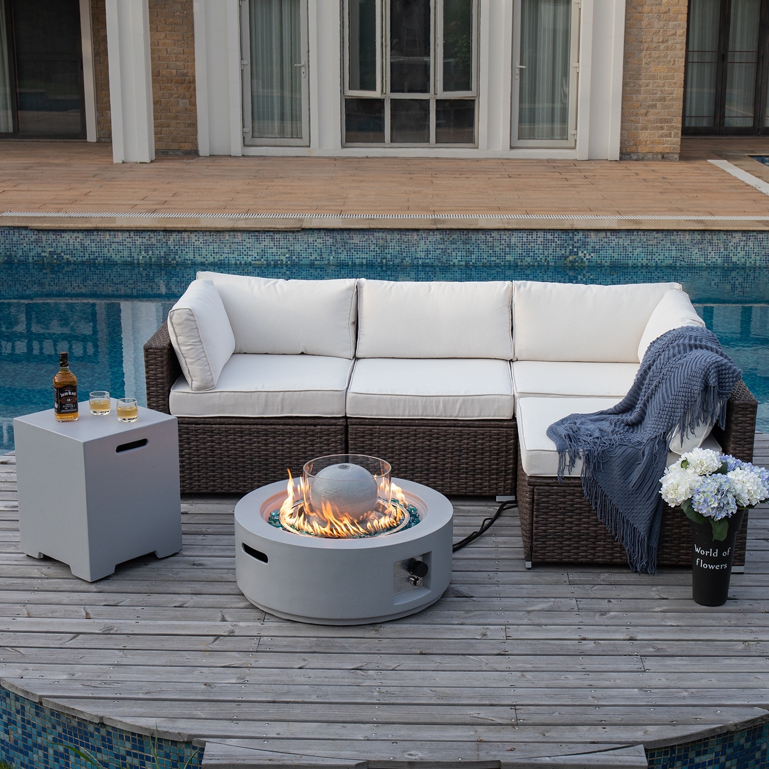 Cosiest Outdoor Patio Wicker Furniture Set W Fire And Water Fountain