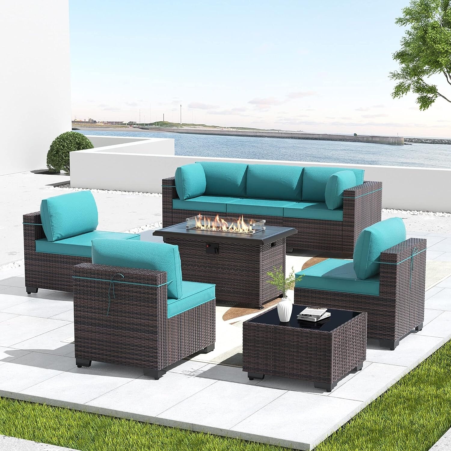 Kullavik 8 Pieces Outdoor Patio Furniture Set With 43 Gas Propane Fire Pit Table