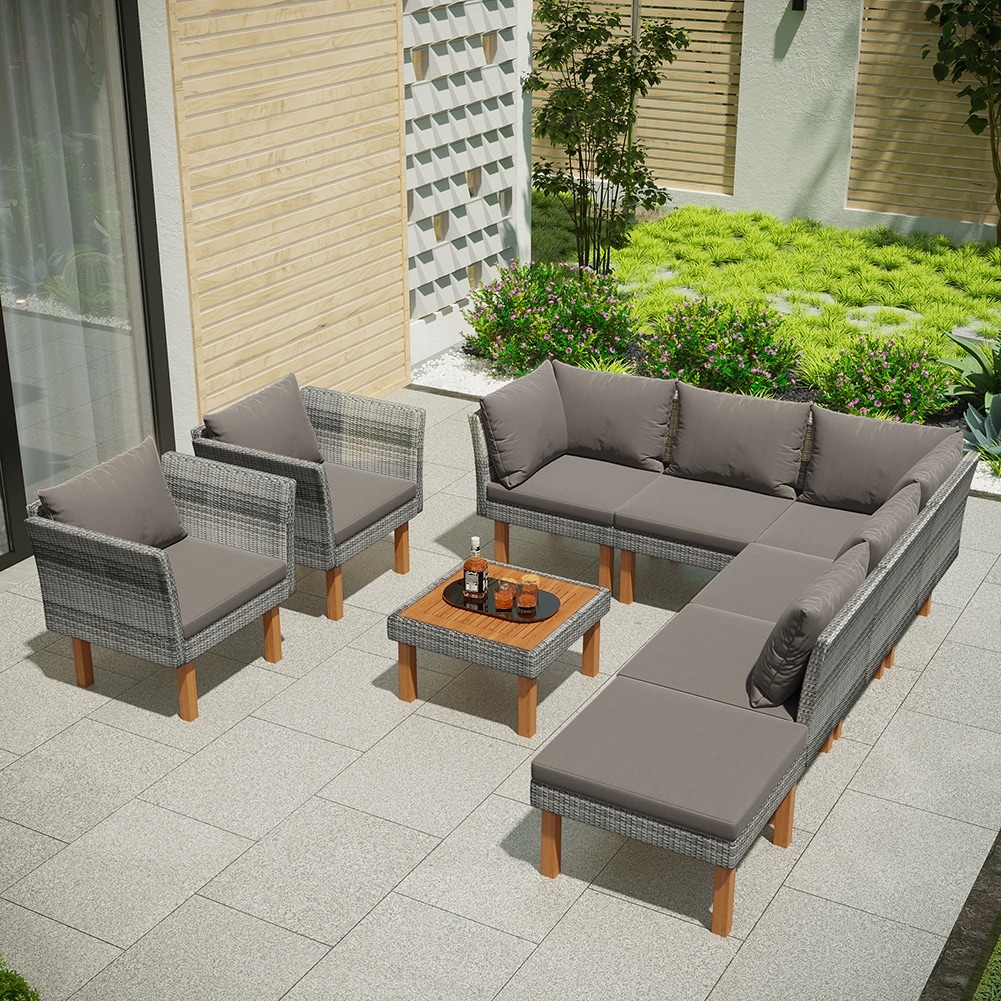 9 Piece Outdoor Patio Garden Wicker Sofa Set With Gray Cushions