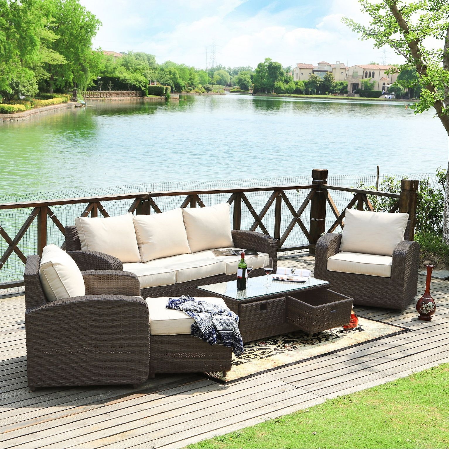 5-pieces Classical Handwoven Rattan Sofa Set With Storage Table