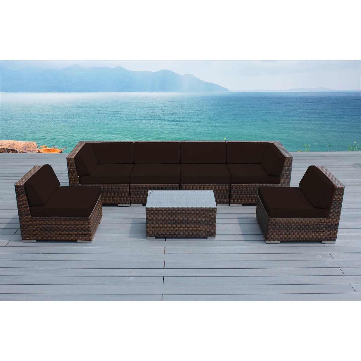 Ohana Outdoor Patio 7 Piece Mixed Brown Wicker Sectional With Cushions - No Assembly