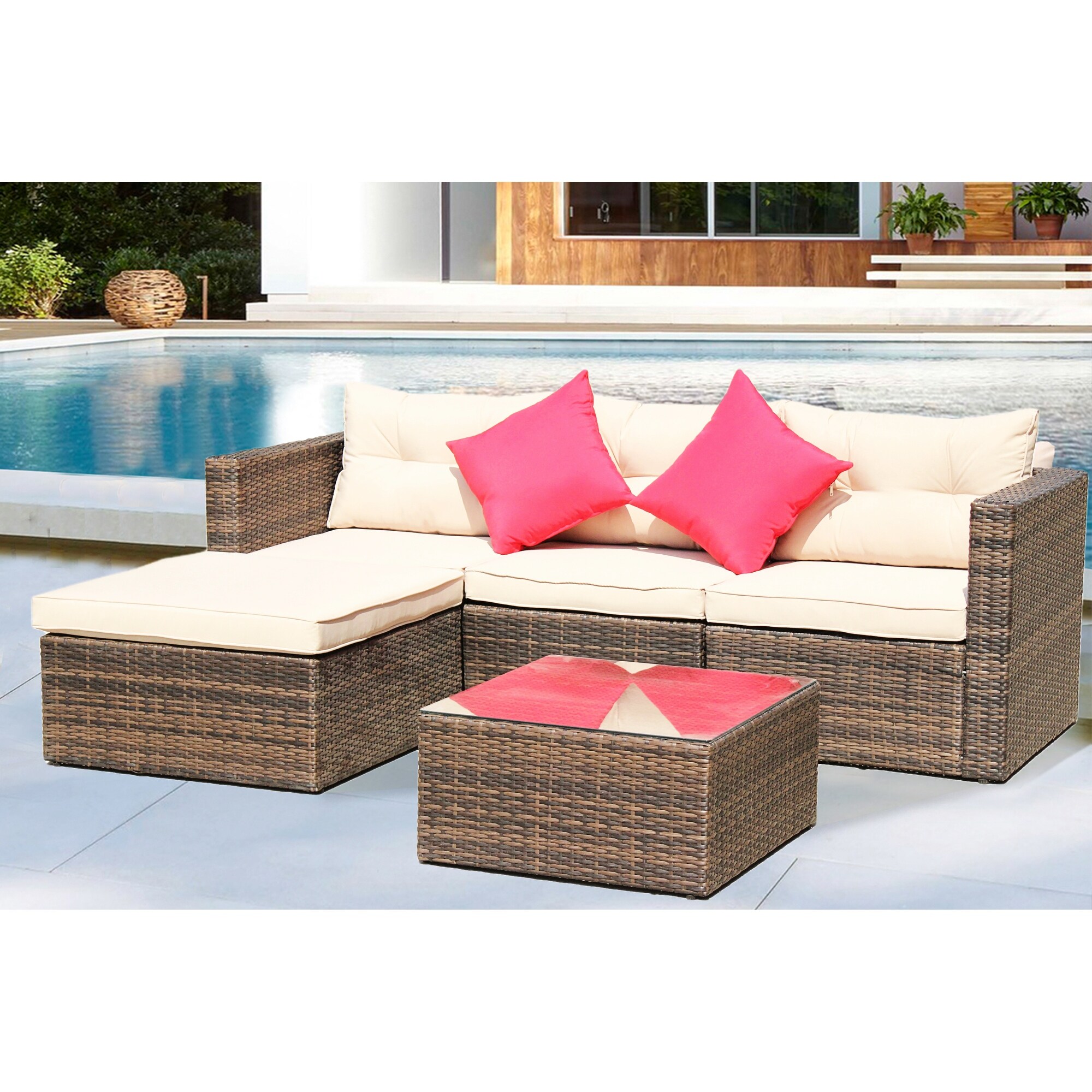 Comfortable 5-piece Wicker Sofa Set With Glass Table and Ottomans