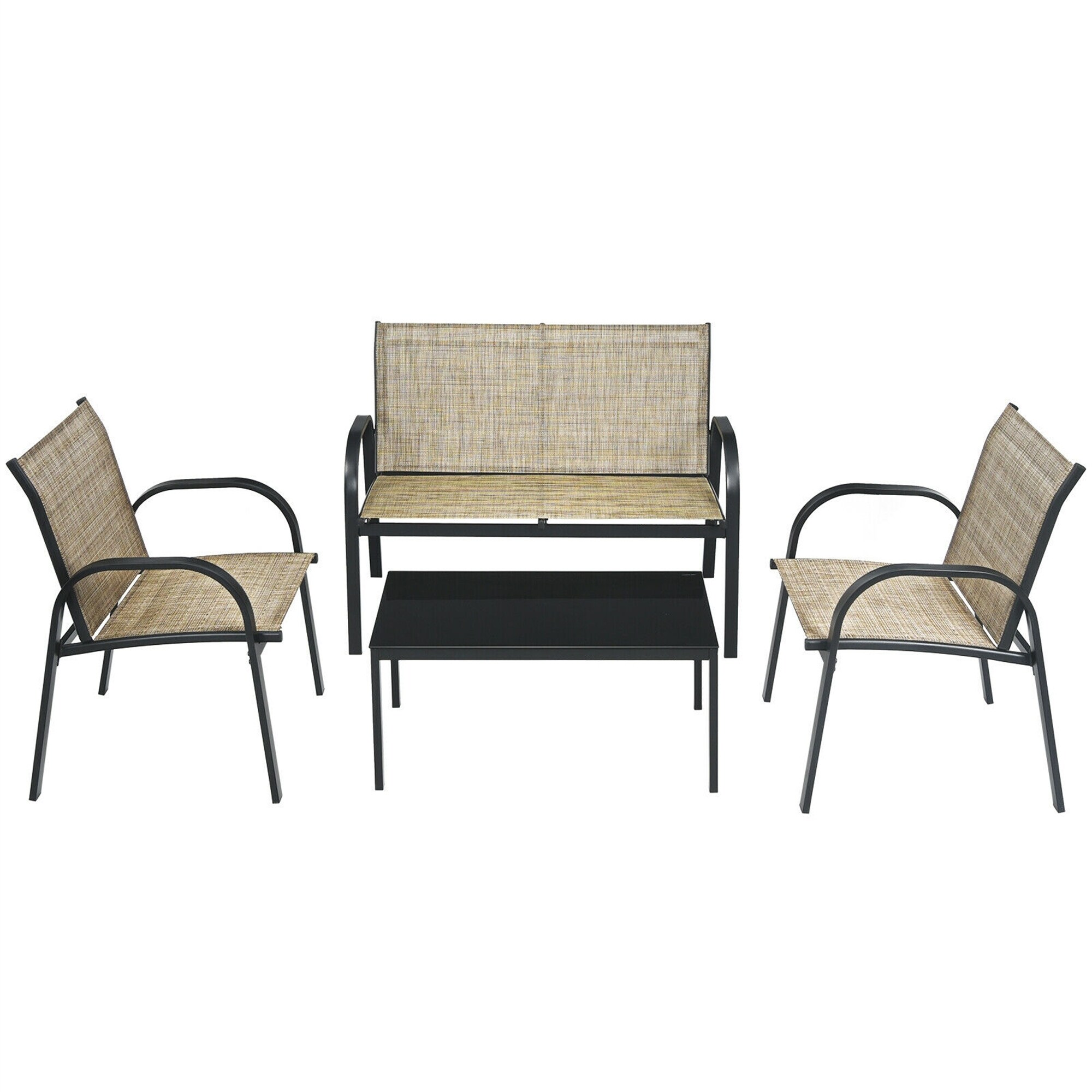 4pcs Patio Furniture Set Conversation Set With Glass Top Coffee Table