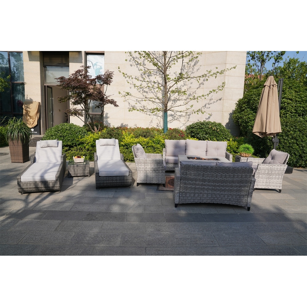 Outdoor Rettan Sofa And Fire Pit Table Set With Lounger  Storage Box
