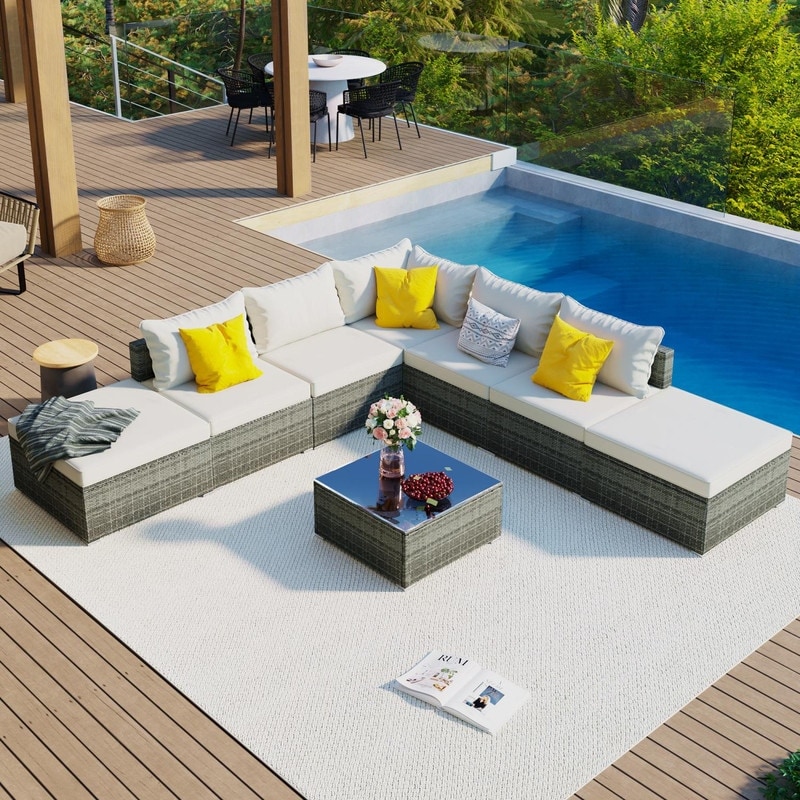 8pcs Outdoor Patio Furniture Sets conversation Wicker Sofa Set With Pillows And Removable Cushions