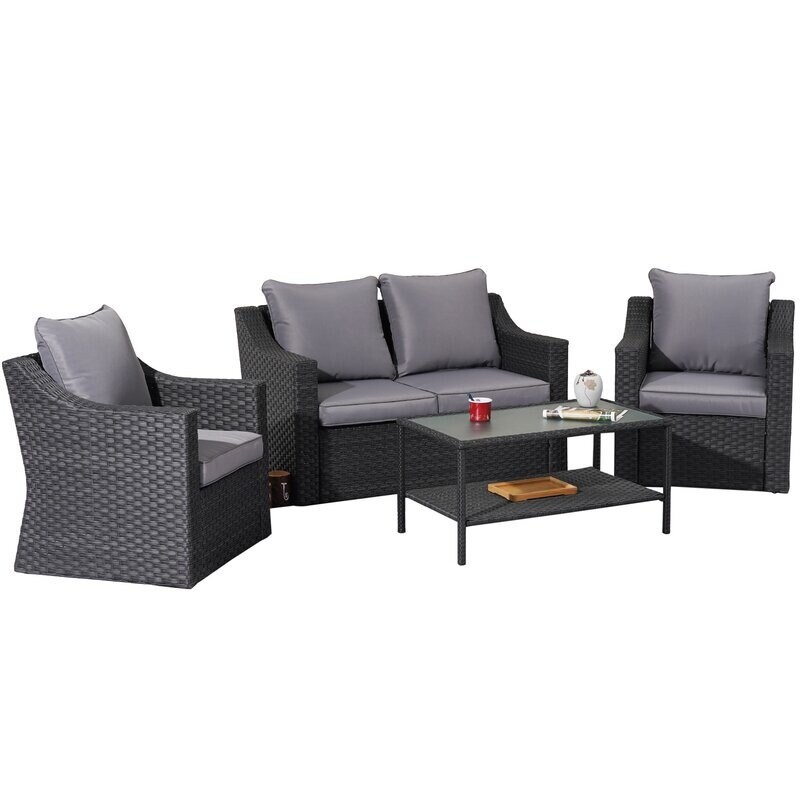 7-piece Outdoor Patio Furniture Set  Pe Rattan Wicker Sectional Sofa With Double Layer Coffee Table  Removable Cushion Covers