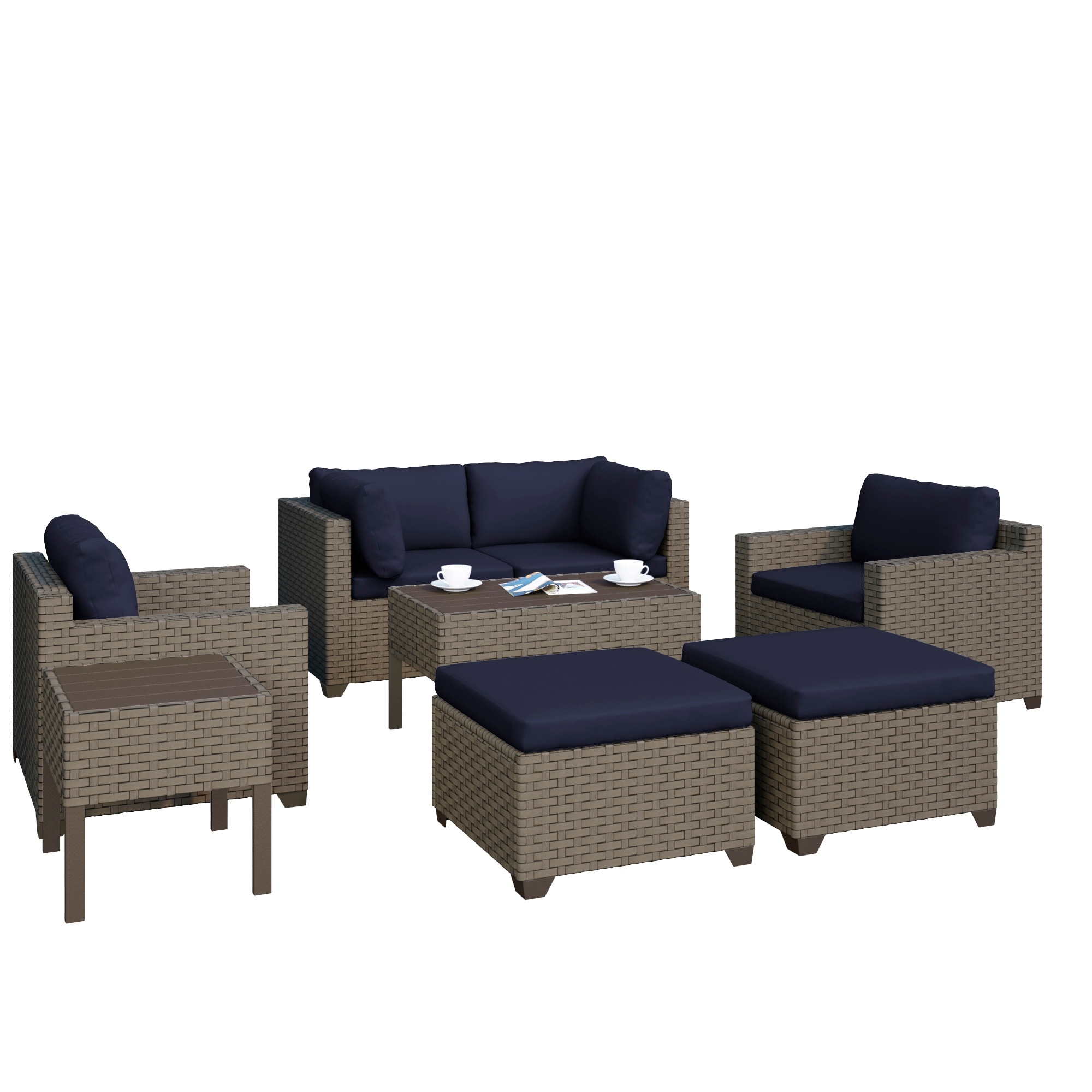 Keys 7-piece Outdoor Conversation Set With Club Chairs  Ottomans  And End Table In Summer Fog Wicker