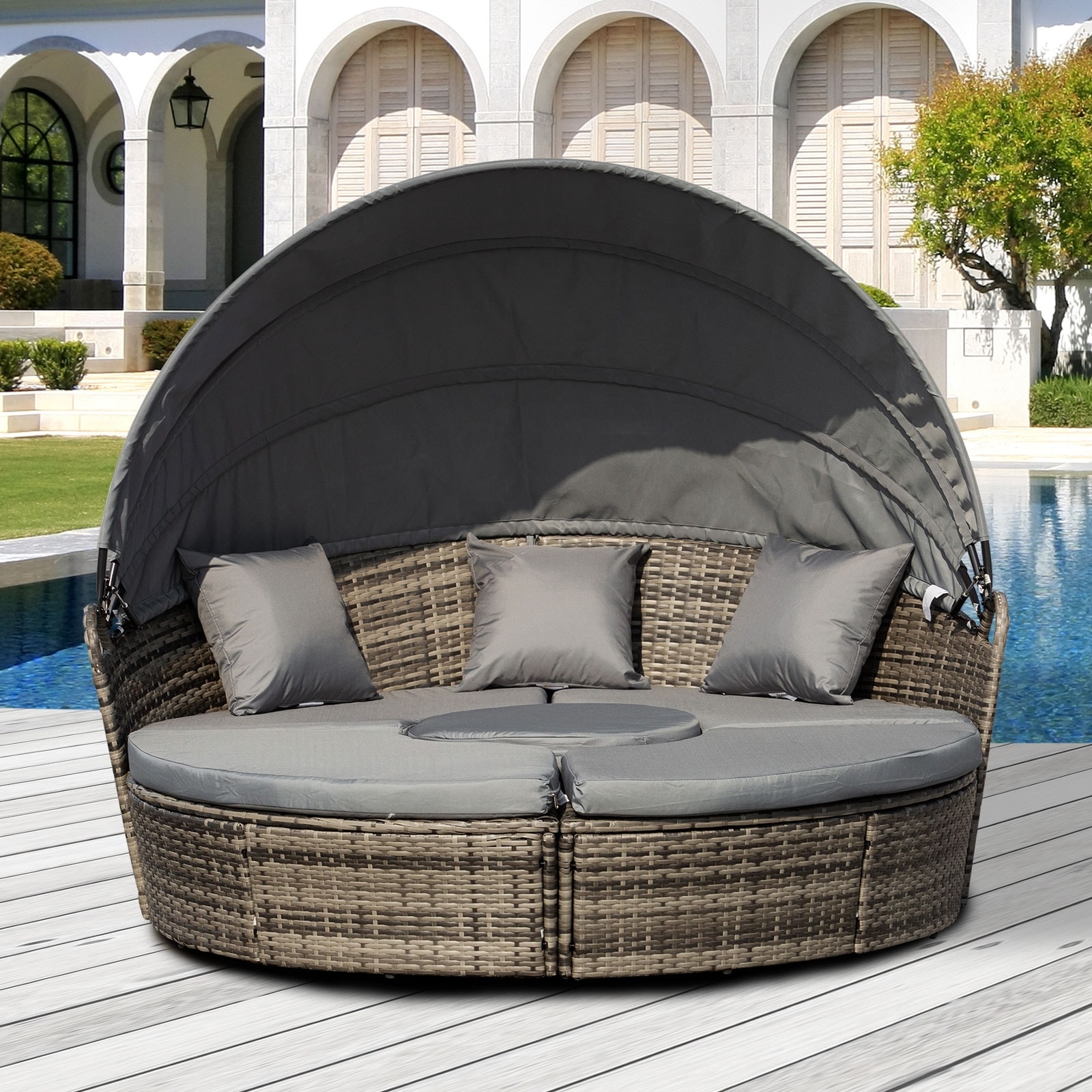 Outsunny 4-piece Cushioned Outdoor Rattan Wicker Round Sunbed Or Conversational Sofa Set With Sun Canopy