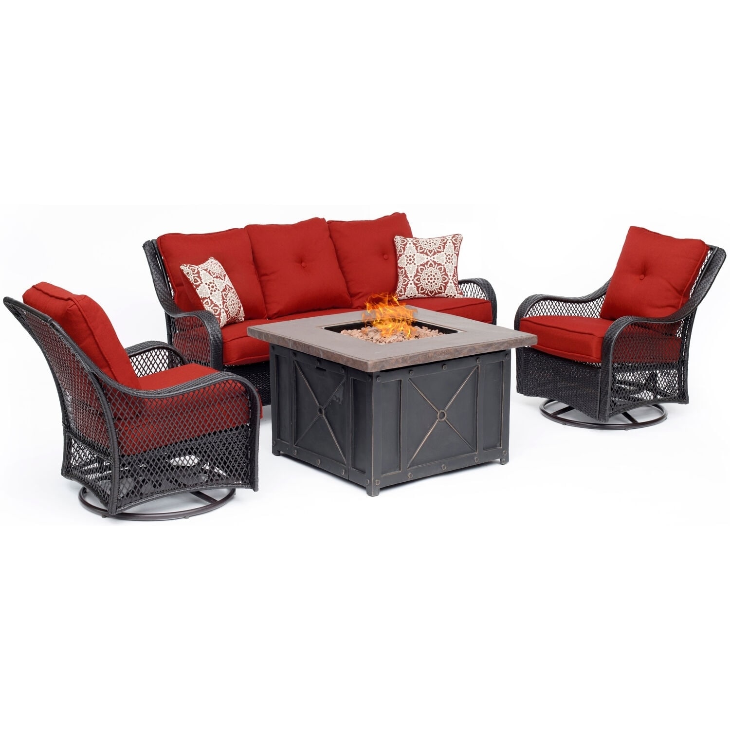 Hanover Orleans 4-piece Woven Fire Pit Lounge Set In Autumn Berry With Sofa  2 Swivel Gliders And Durastone Fire Pit