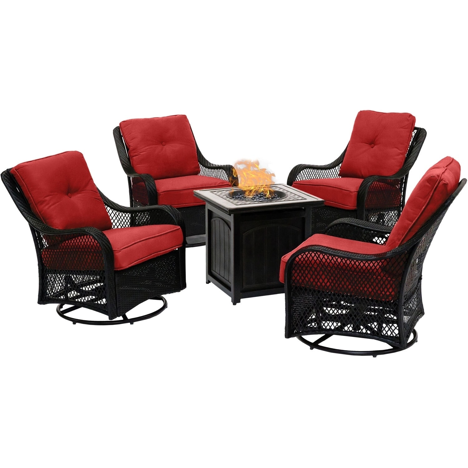 Hanover Orleans 5-piece Fire Pit Chat Set In Autumn Berry With 4 Woven Swivel Gliders And A 26-in. Square Fire Pit Table