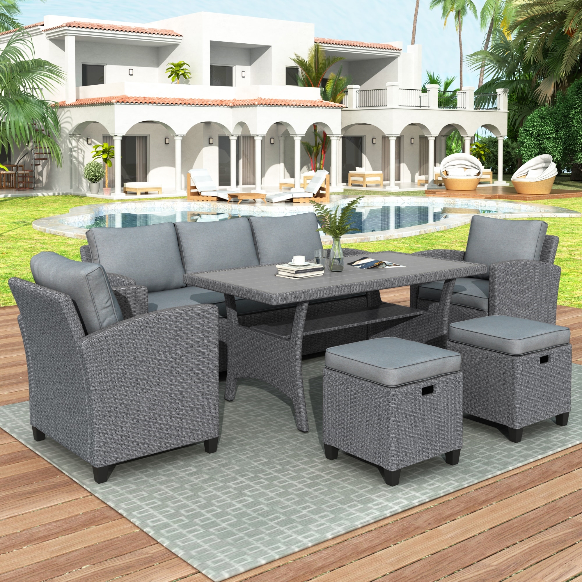 Outdoor Rattan Wicker Sofa Set With Table  Thick Cushions