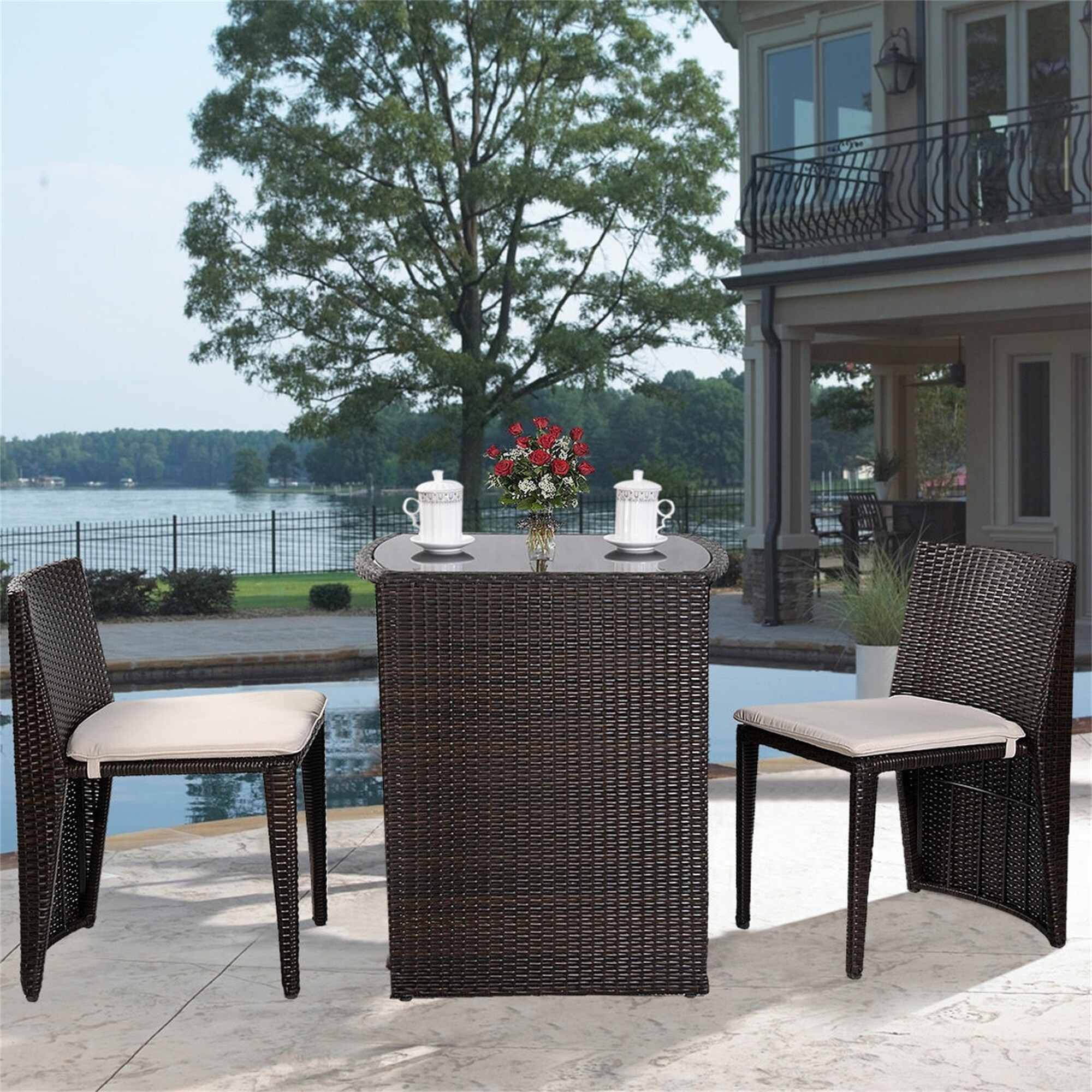 3pcs Patio Conversation Set Wicker Patio Cushioned Chair And Table Set