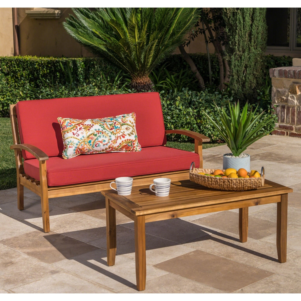 Peyton Outdoor Cushioned Acacia Wood Loveseat And Table Set By Christopher Knight Home