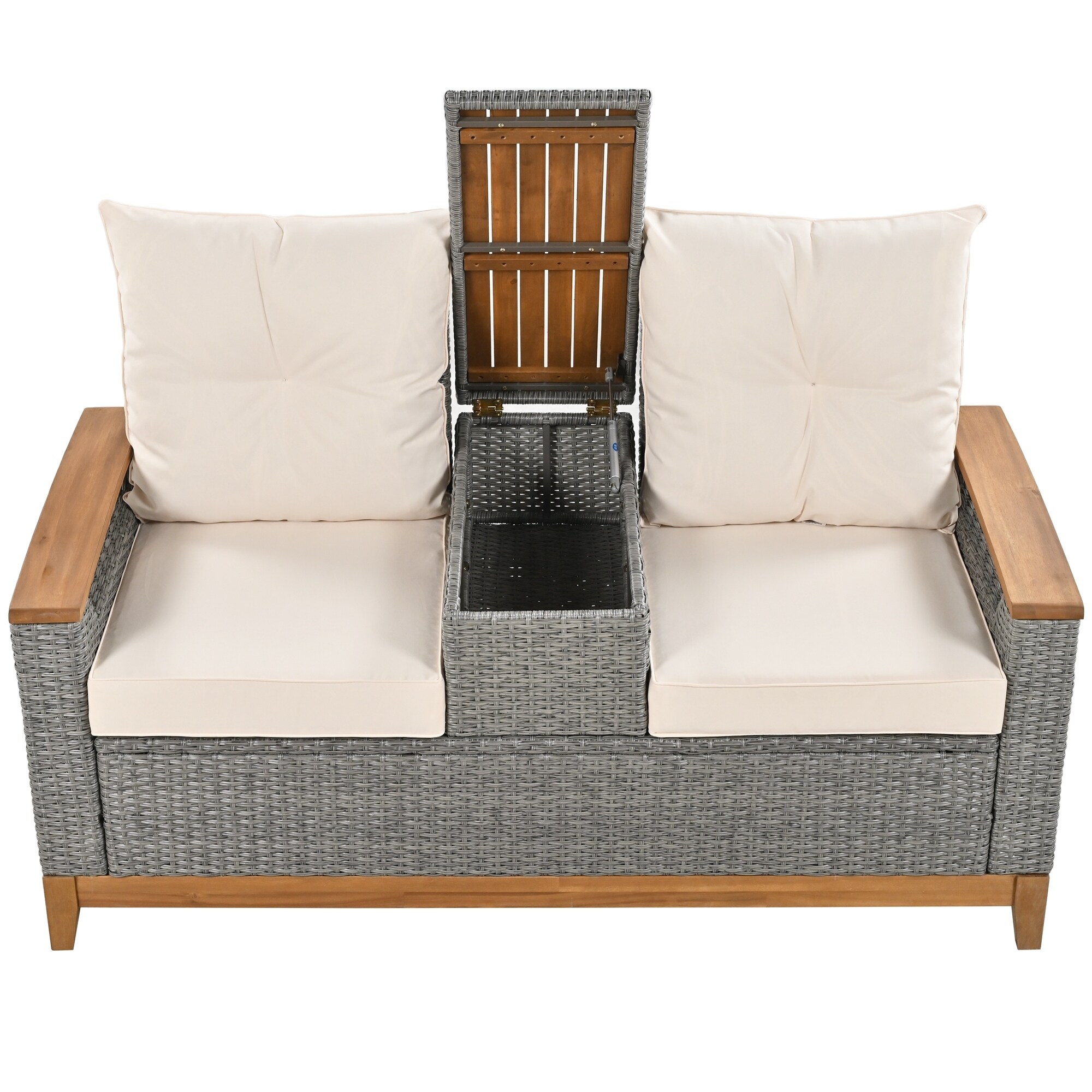 Adjustable Back Loveseat With Wood Armrest Storage Space For Courtyards