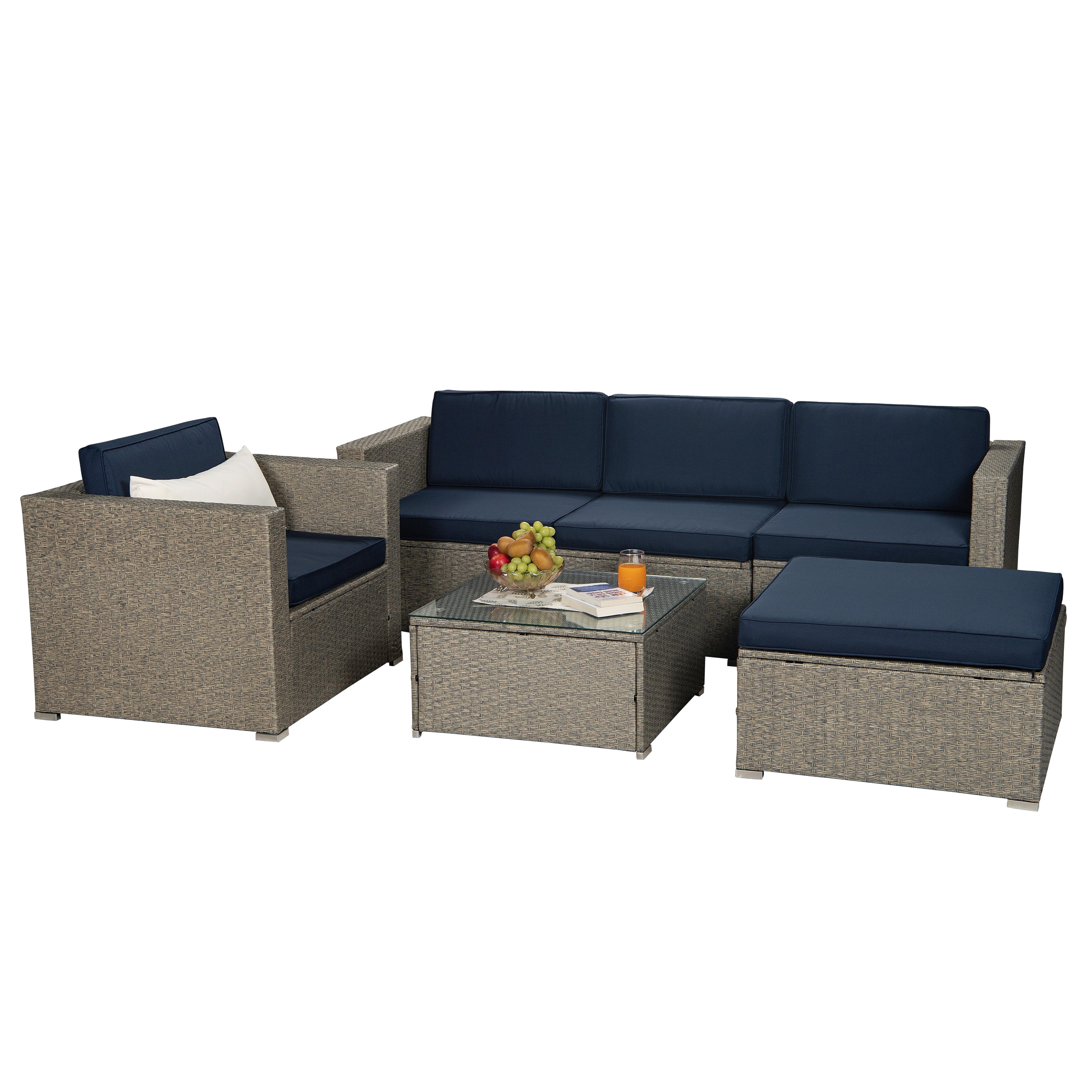 Patio 6-piece Pe Rattan Wicker Sectional Navy Cushioned Sofa Sets
