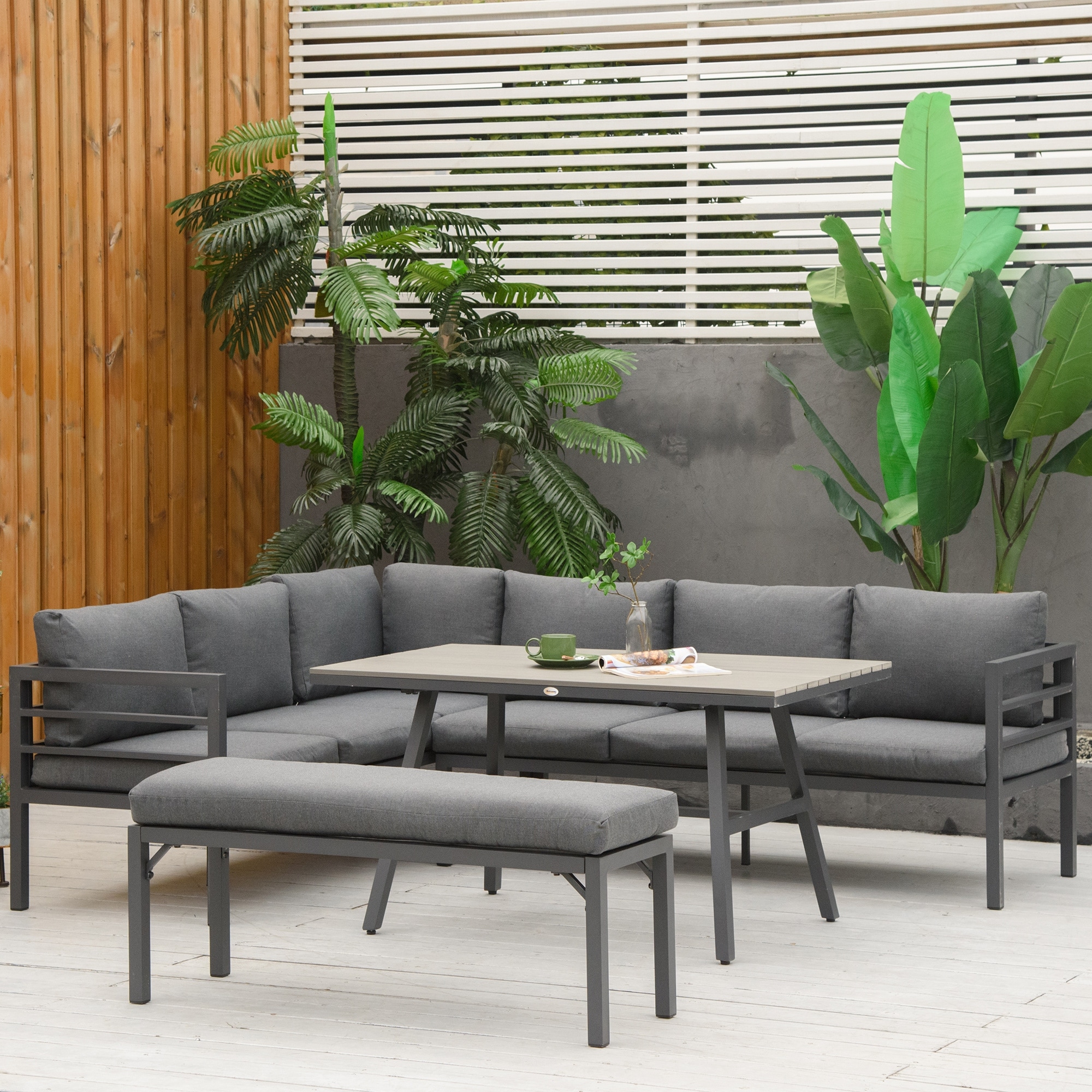 Outsunny 4 Piece Patio Furniture Set Aluminium Outdoor Dining Sofa Set Sectional Conversation Set W/ Bench