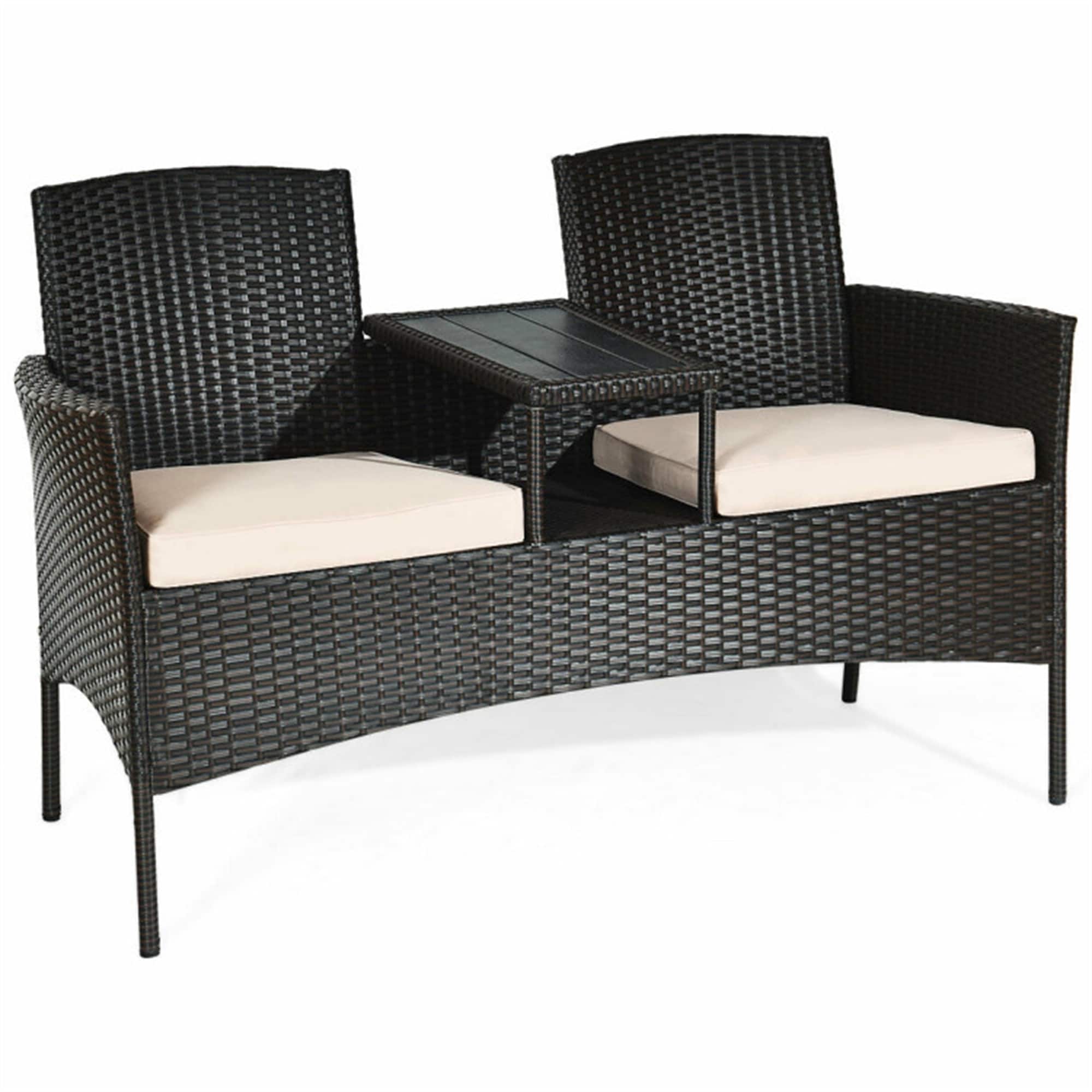 Rattan Double Seat Patio Conversation Set Loveseat Sofa With Cushions