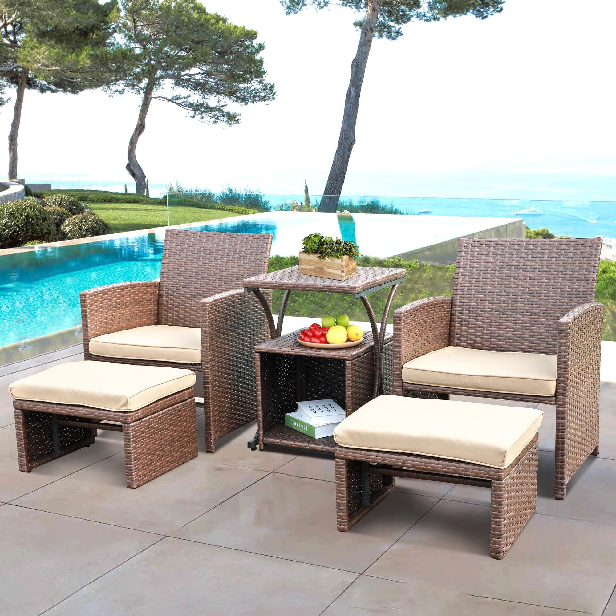 Patio 6 Pieces Wicker Conversation Set With Ottoman And Side Table